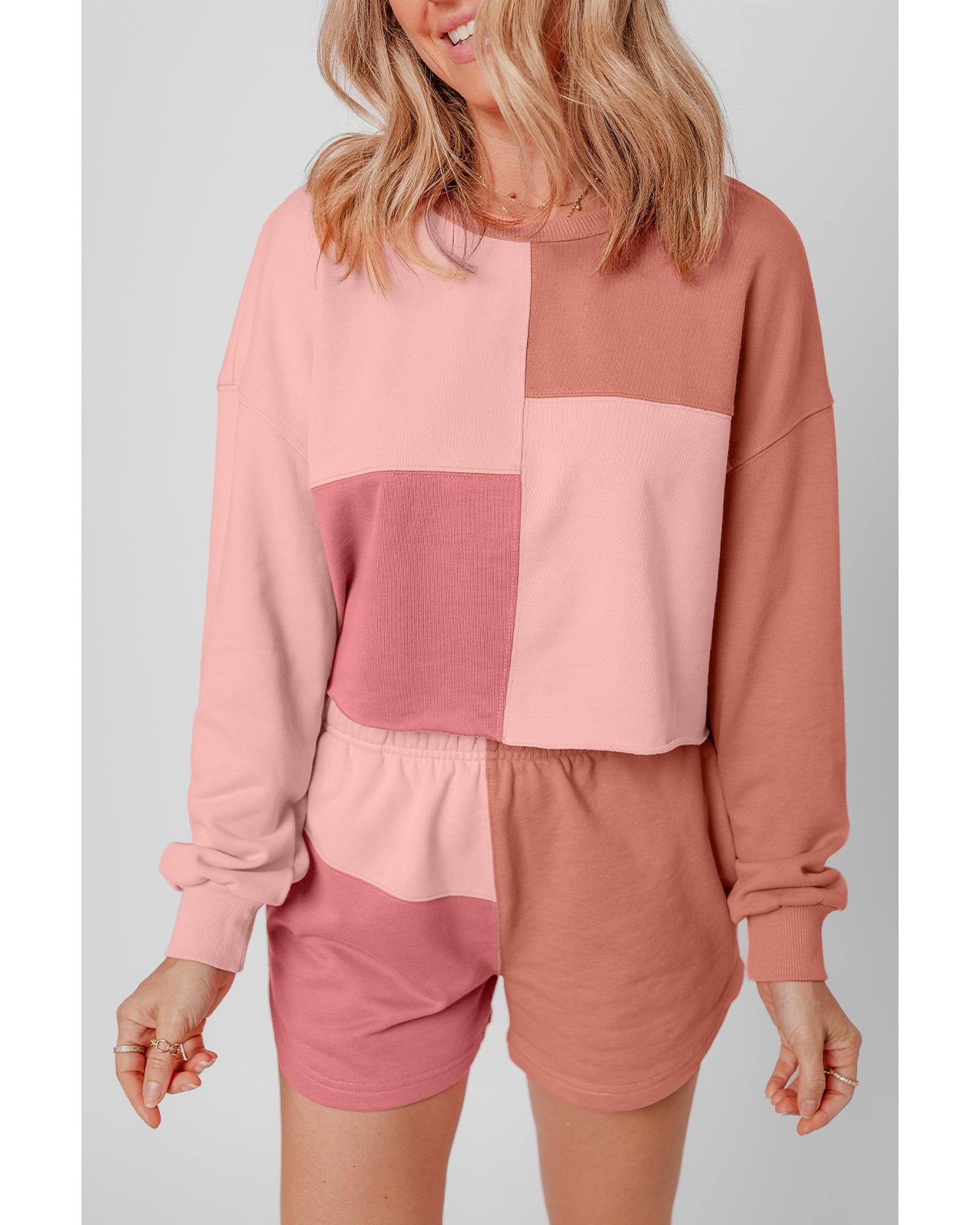 Peach Blossom Colorblock Patchwork Long Sleeve Shorts Outfit - M 6