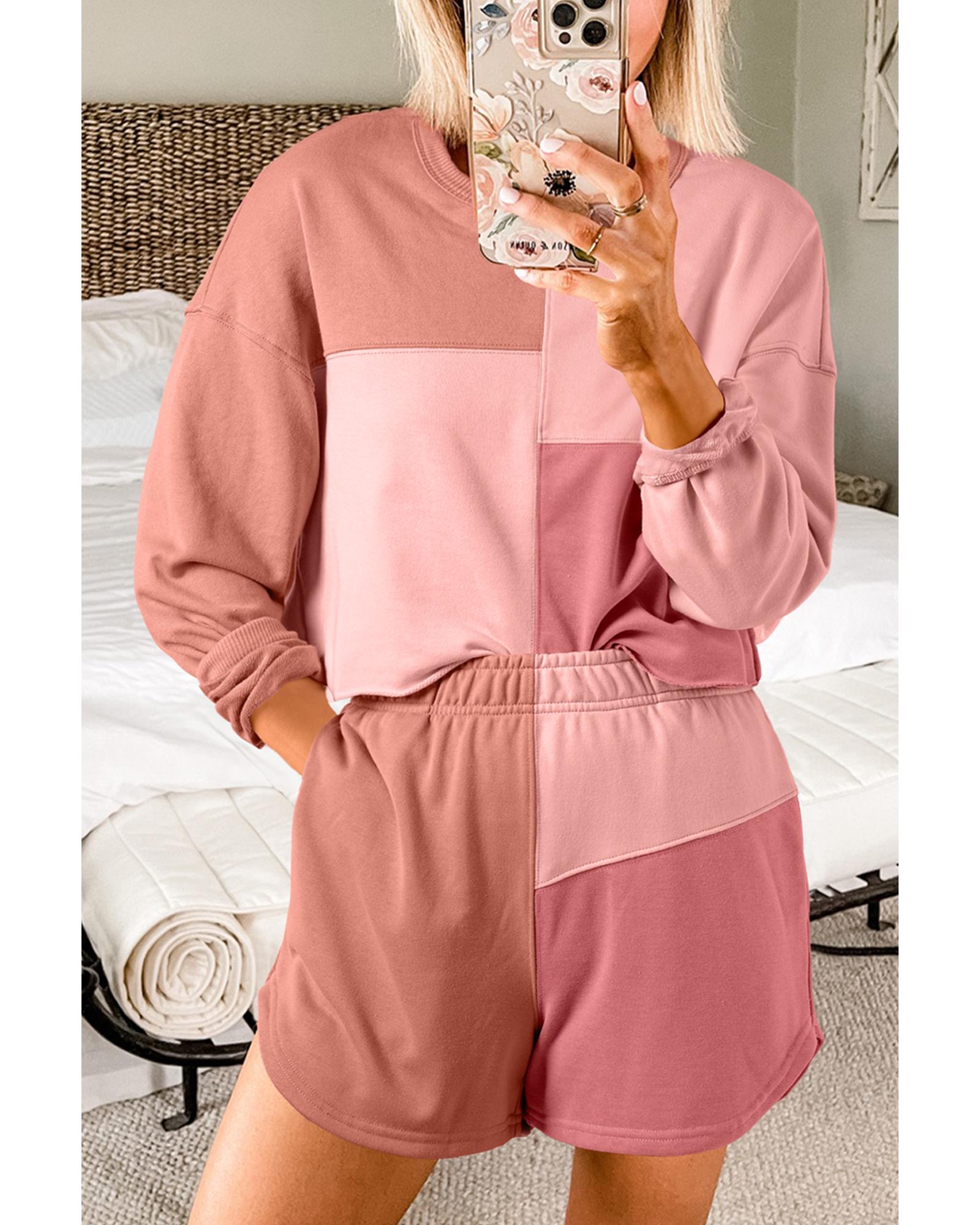 Peach Blossom Colorblock Patchwork Long Sleeve Shorts Outfit - S