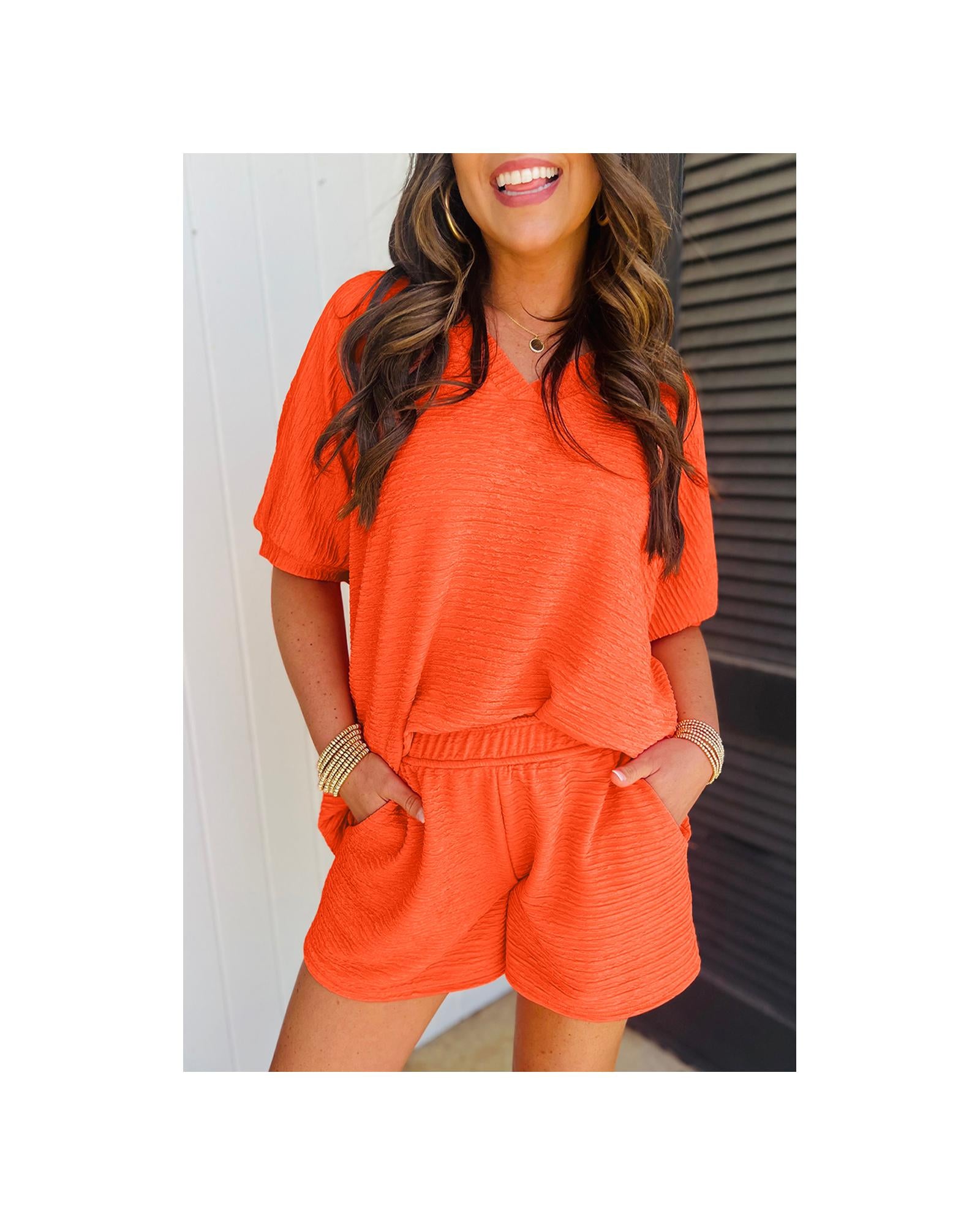 Orange Textured V Neck T Shirt and Shorts Set - XL