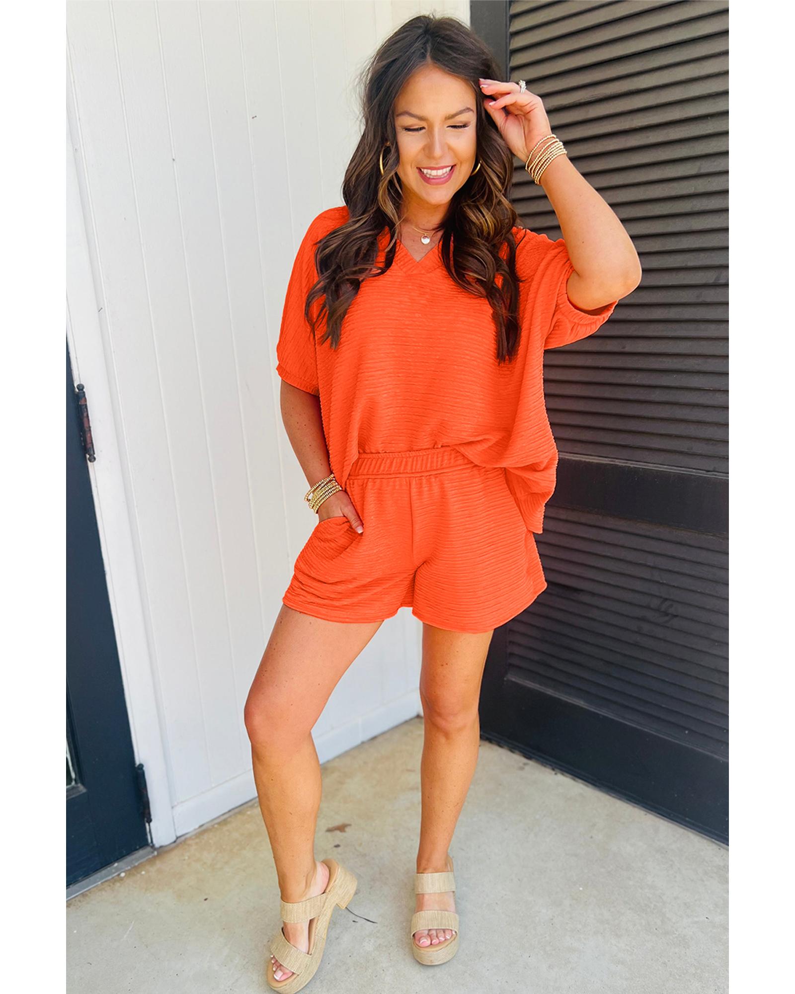 Orange Textured V Neck T Shirt and Shorts Set - XL 4