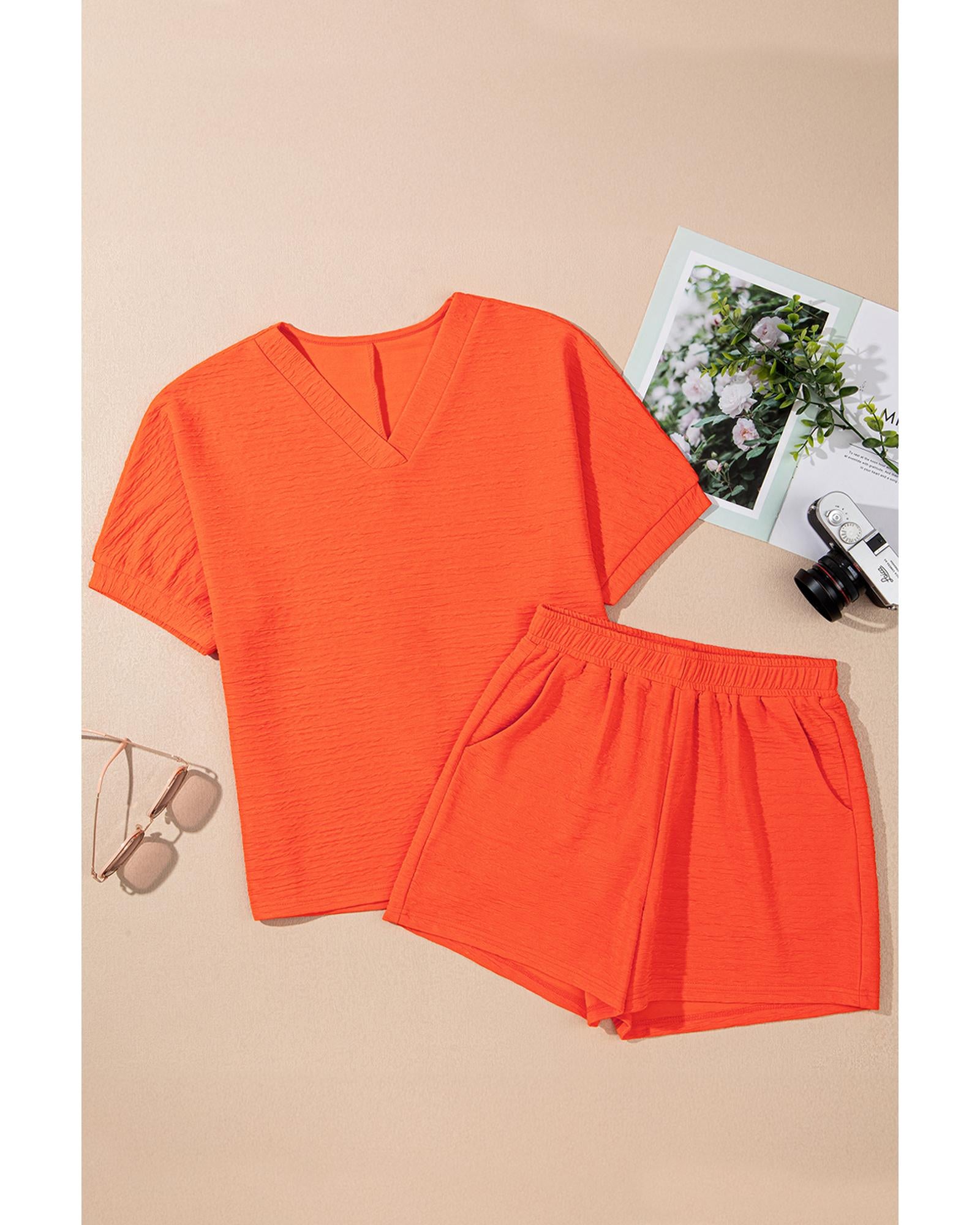 Orange Textured V Neck T Shirt and Shorts Set - XL 5