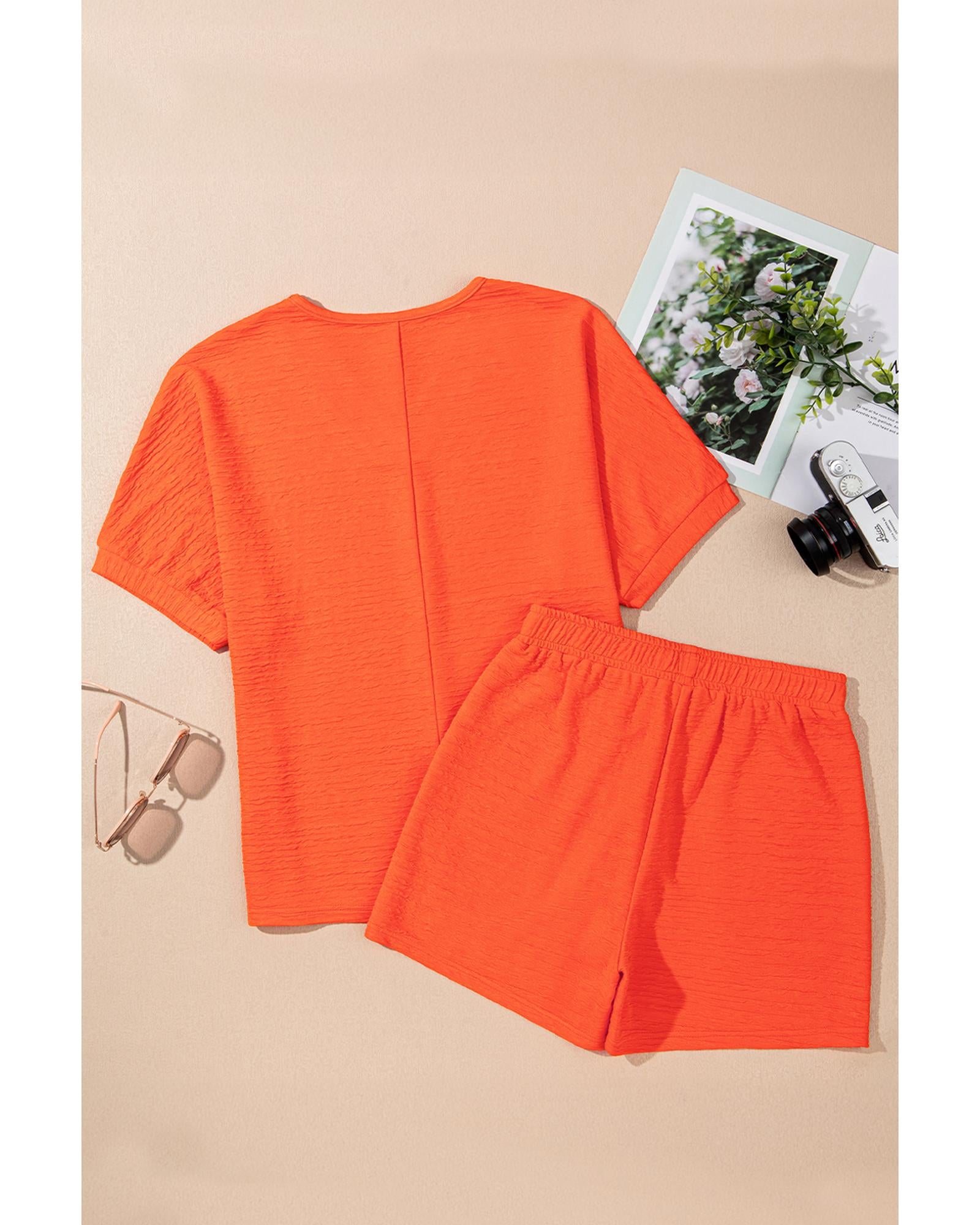 Orange Textured V Neck T Shirt and Shorts Set - XL 6