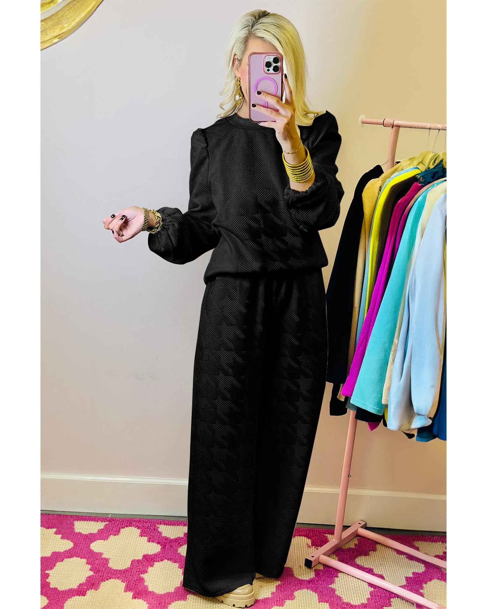Black Textured Puff Sleeve Top and Pants Set - S