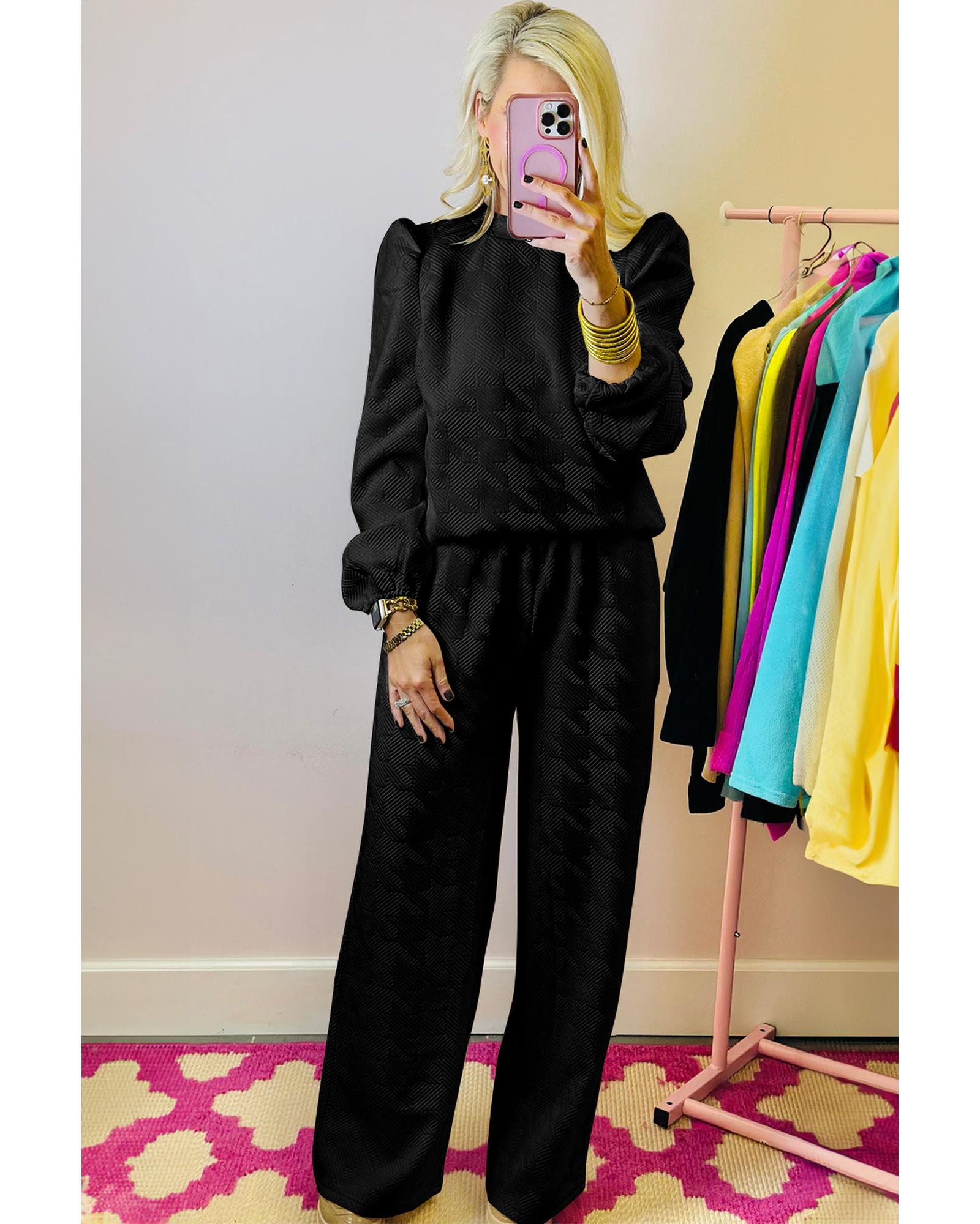 Black Textured Puff Sleeve Top and Pants Set - S 3