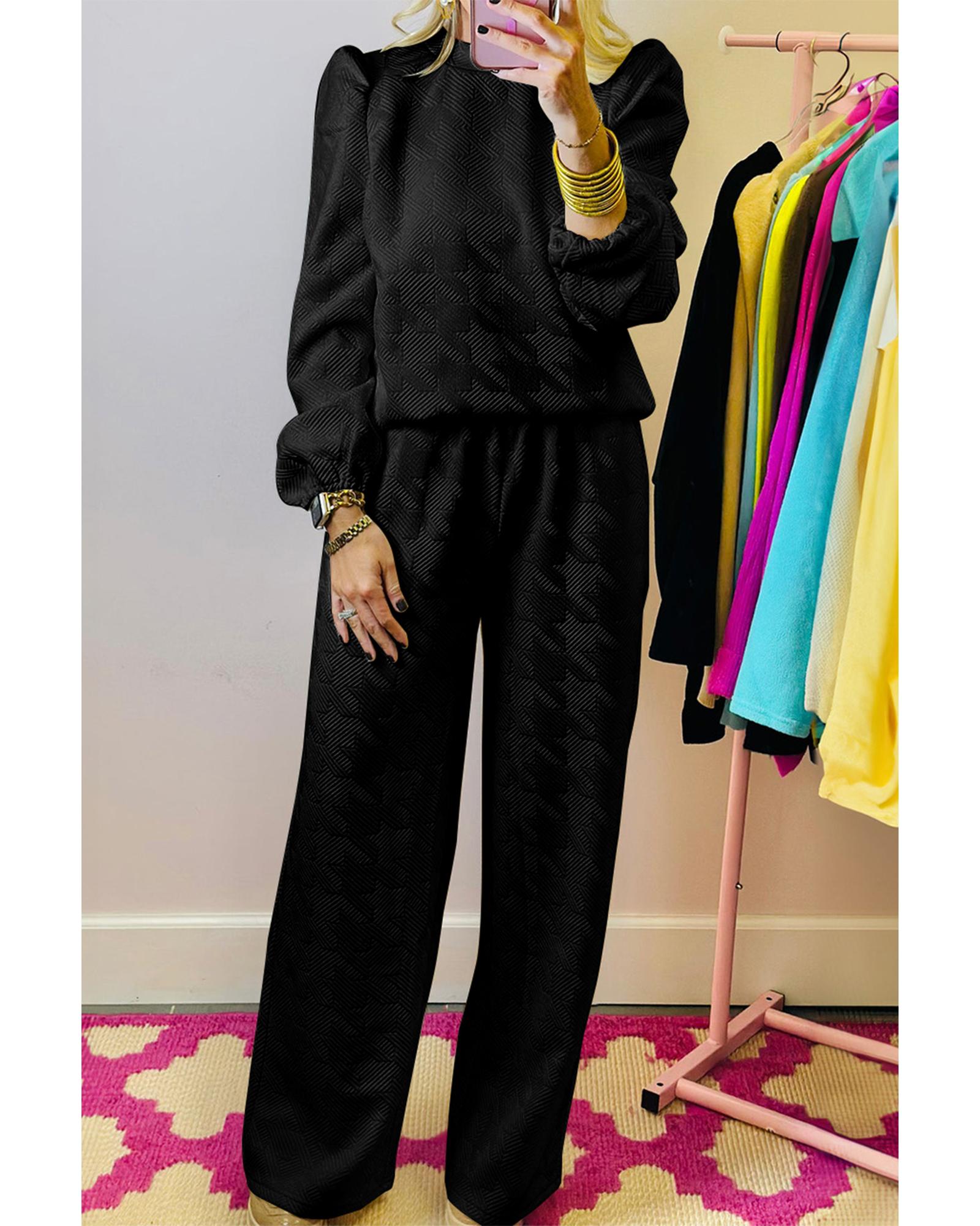 Black Textured Puff Sleeve Top and Pants Set - S 4