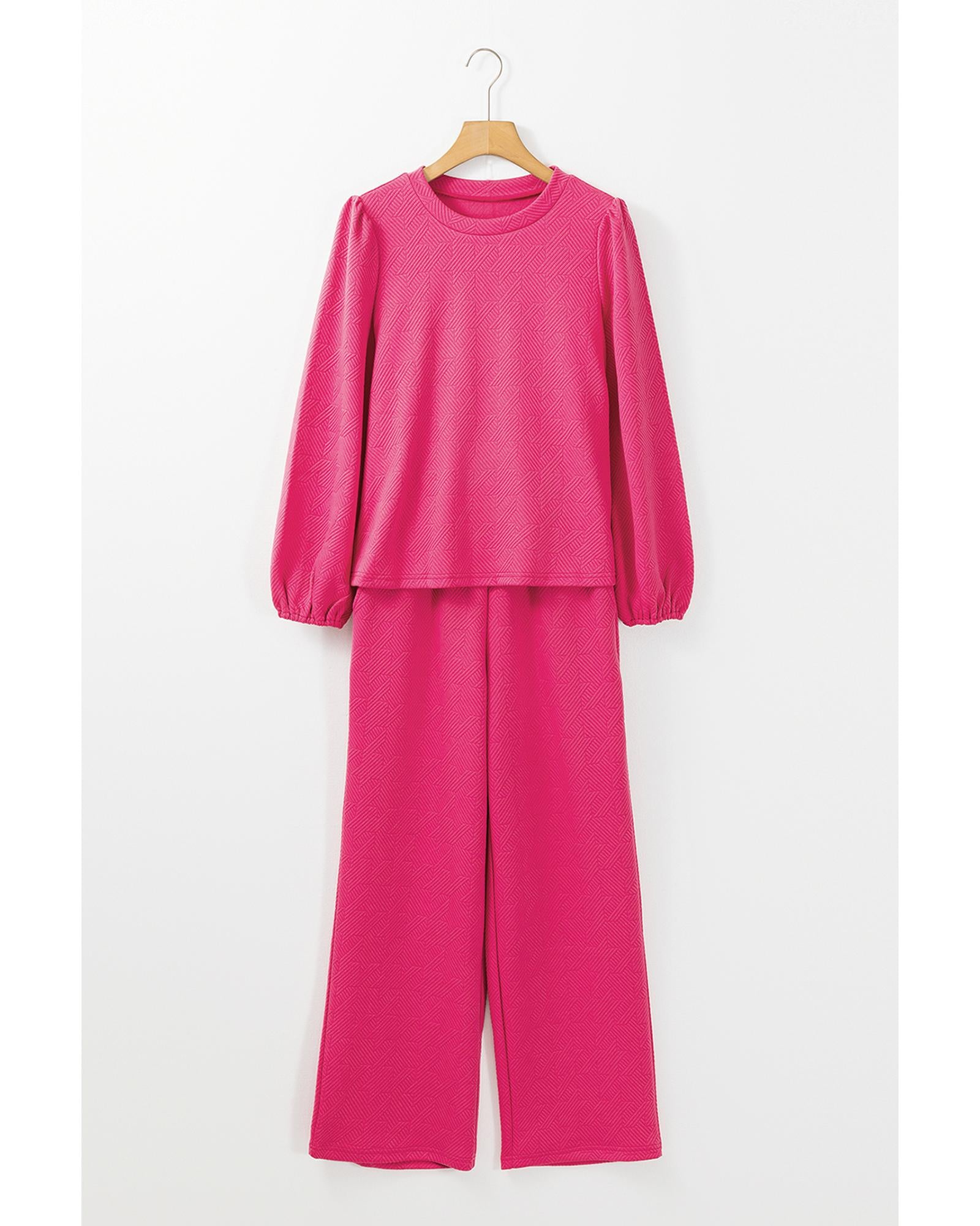 Rose Red Textured Puff Sleeve Top and Pants Set - L 5