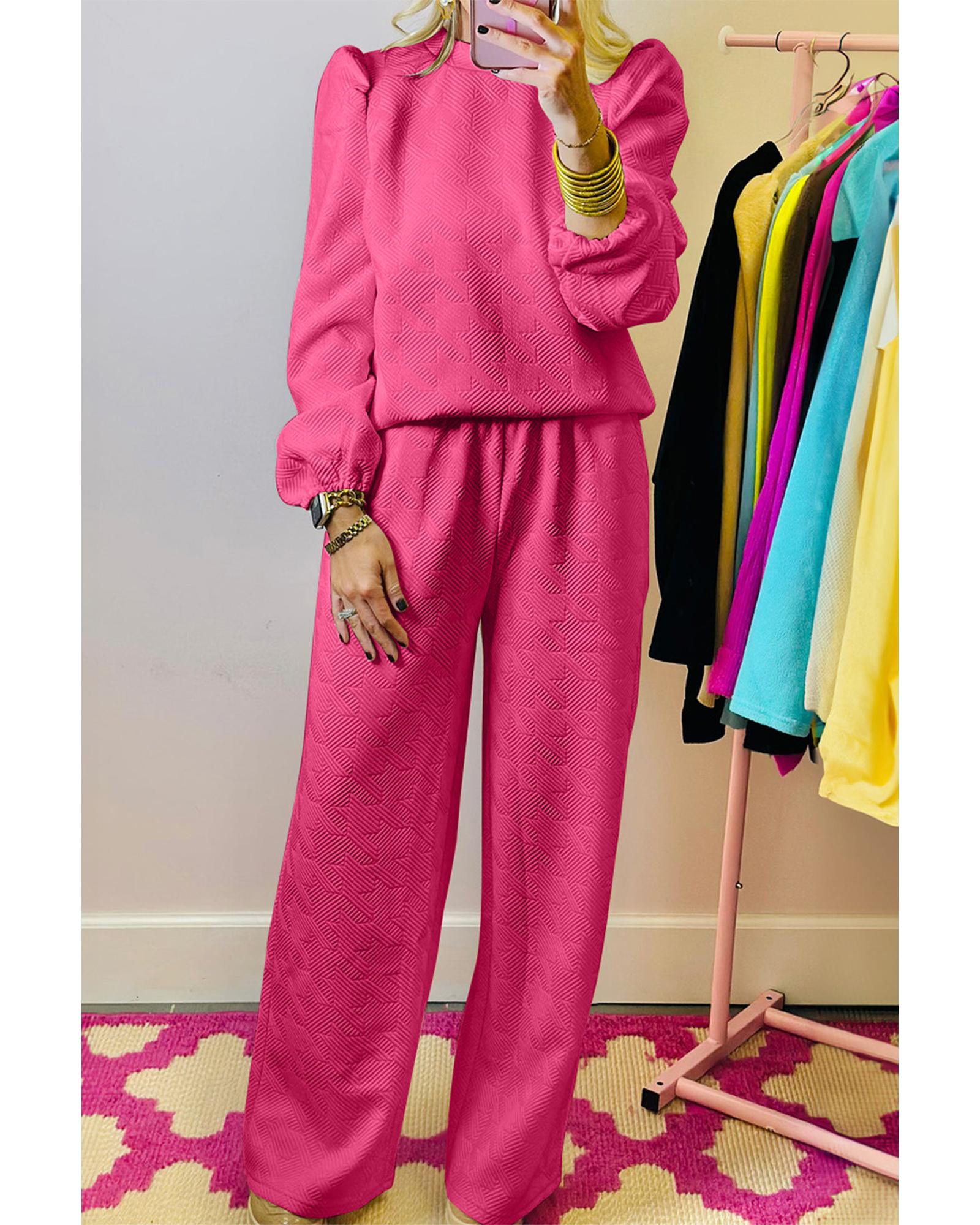 Rose Red Textured Puff Sleeve Top and Pants Set - M