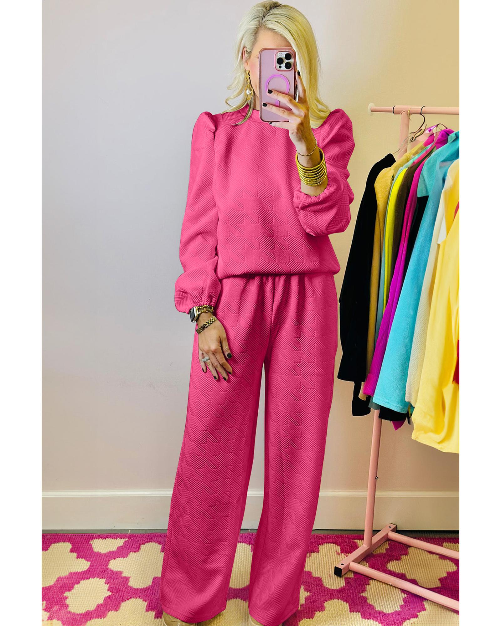 Rose Red Textured Puff Sleeve Top and Pants Set - M 3