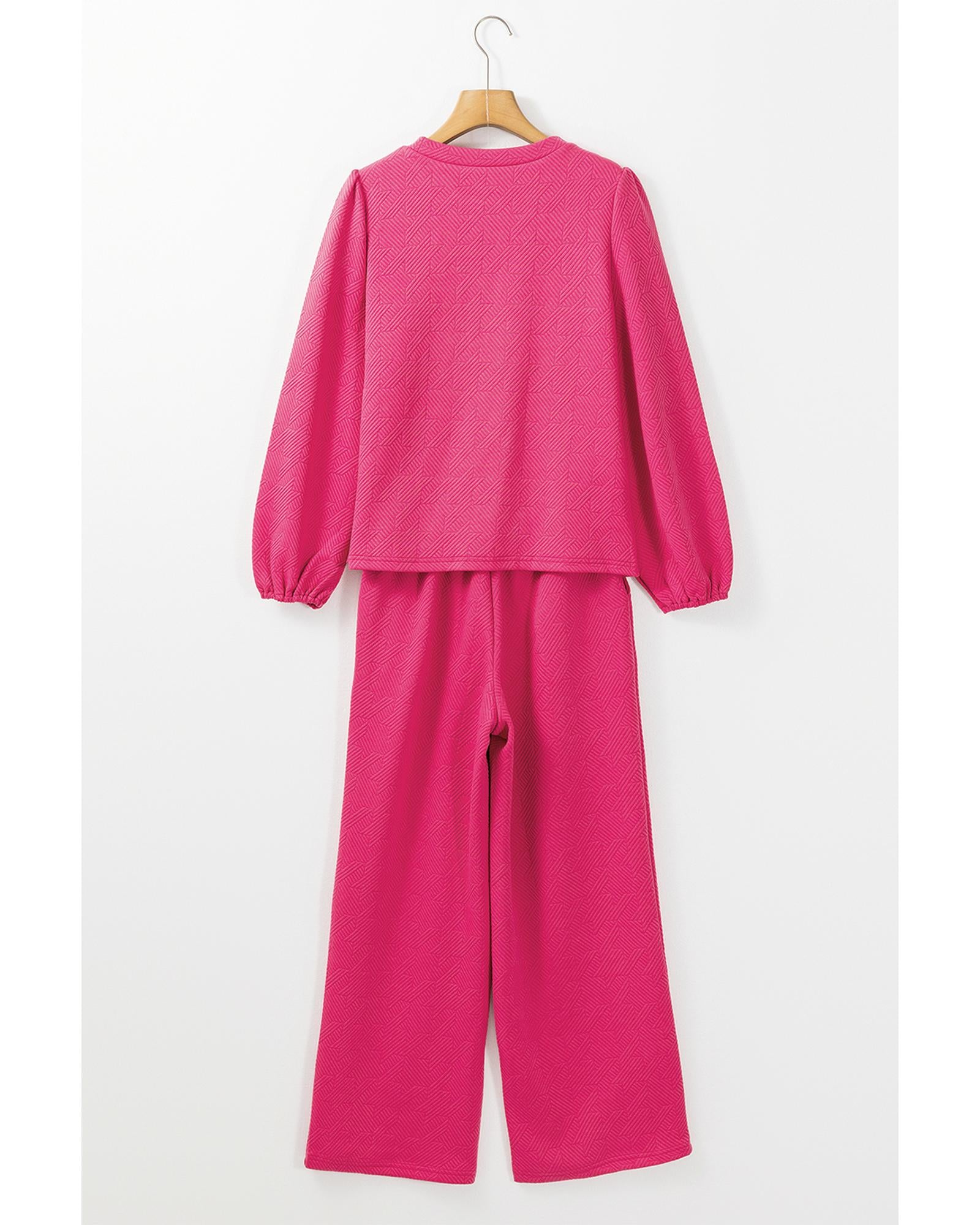 Rose Red Textured Puff Sleeve Top and Pants Set - M 7