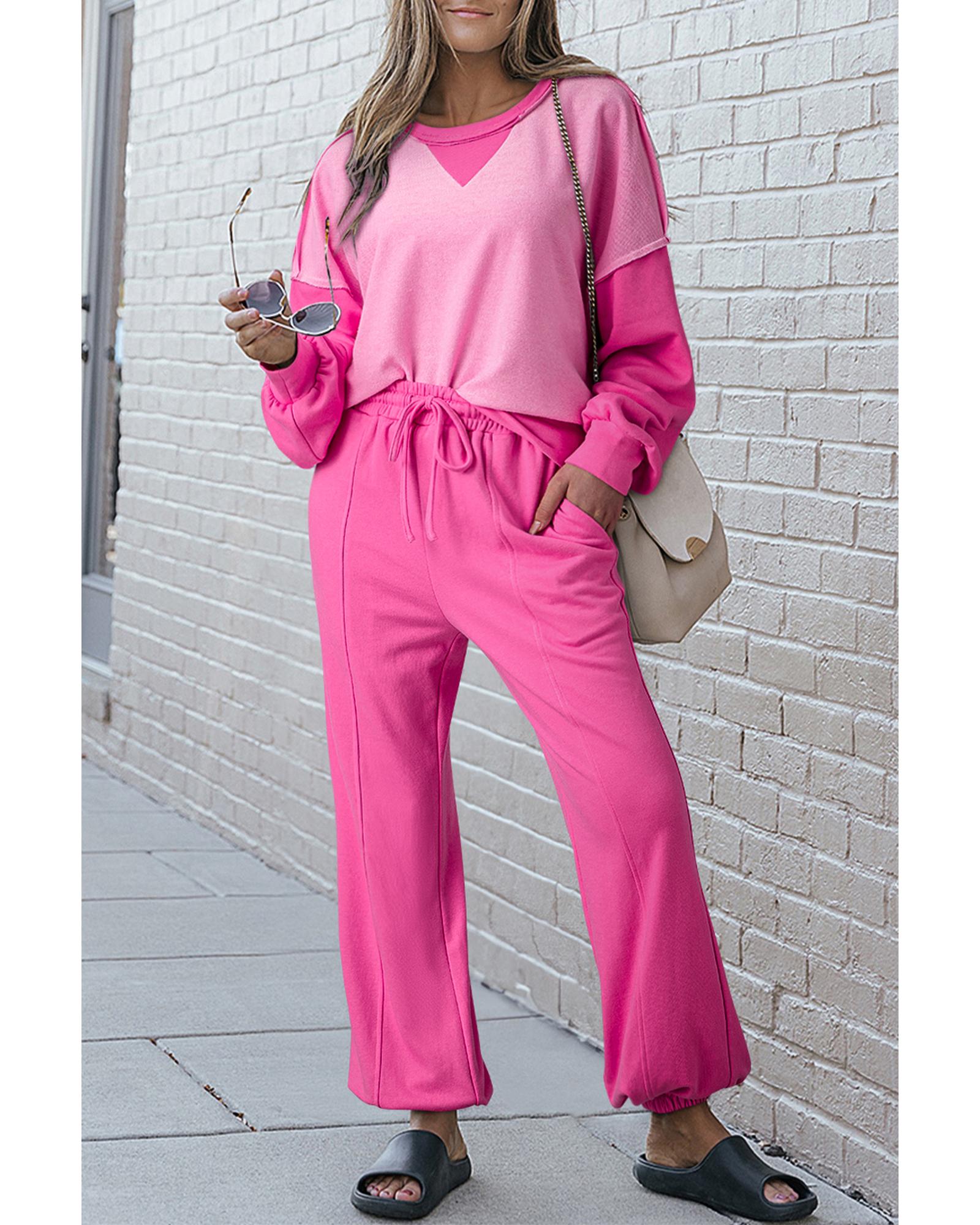 Bonbon Contrast Patchwork Pullover and Drawstring Joggers Set - S