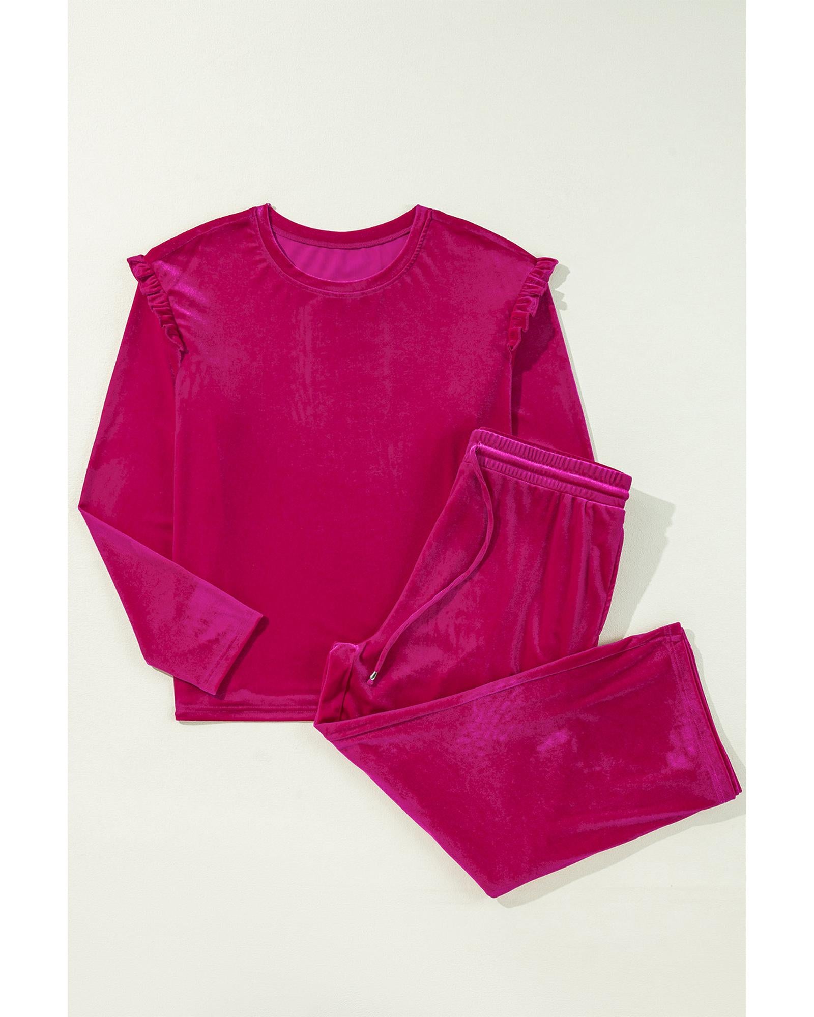 Rose Red Solid Velvet Ruffled Two Piece Pants Set - L