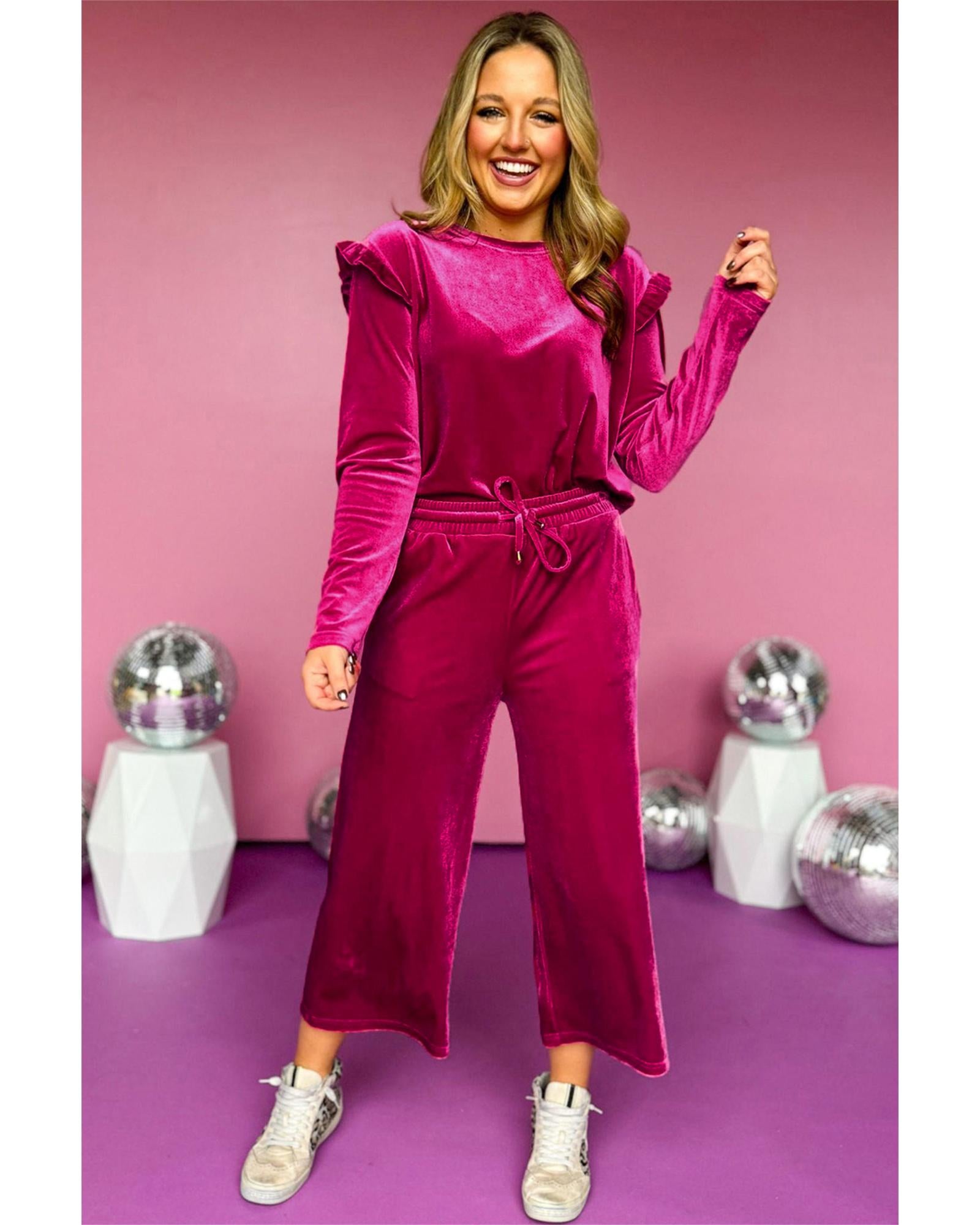 Rose Red Solid Velvet Ruffled Two Piece Pants Set - M