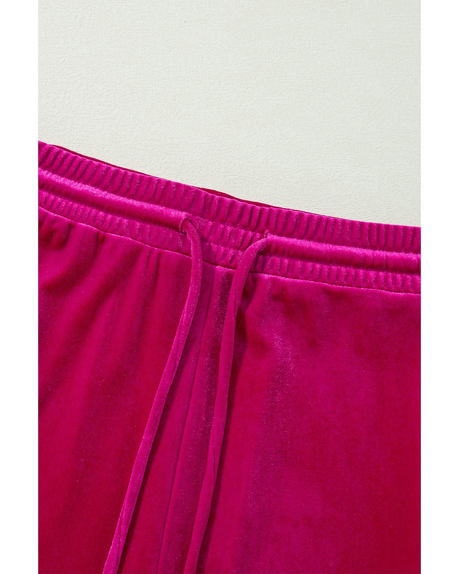 Rose Red Solid Velvet Ruffled Two Piece Pants Set - M 4