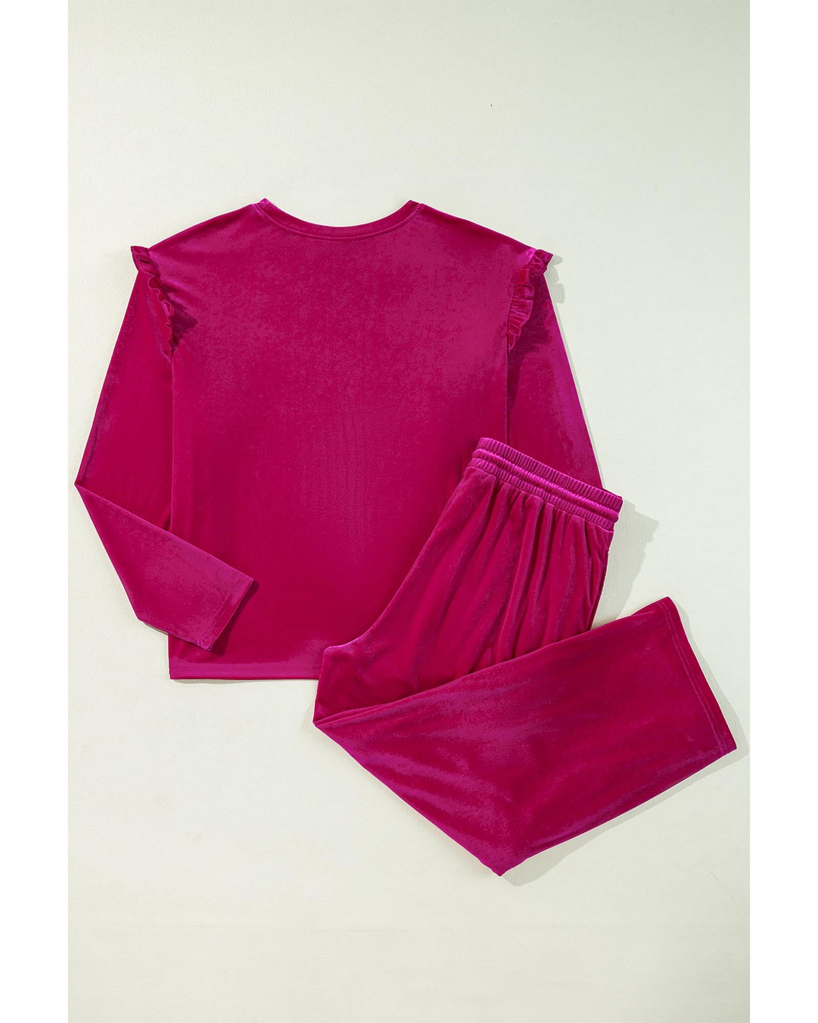 Rose Red Solid Velvet Ruffled Two Piece Pants Set - M 5