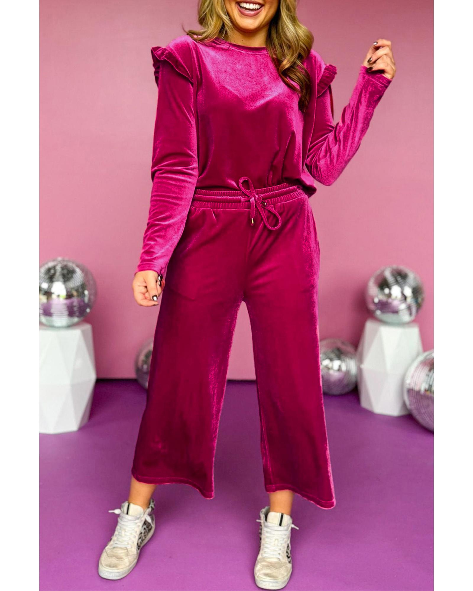 Rose Red Solid Velvet Ruffled Two Piece Pants Set - M 6