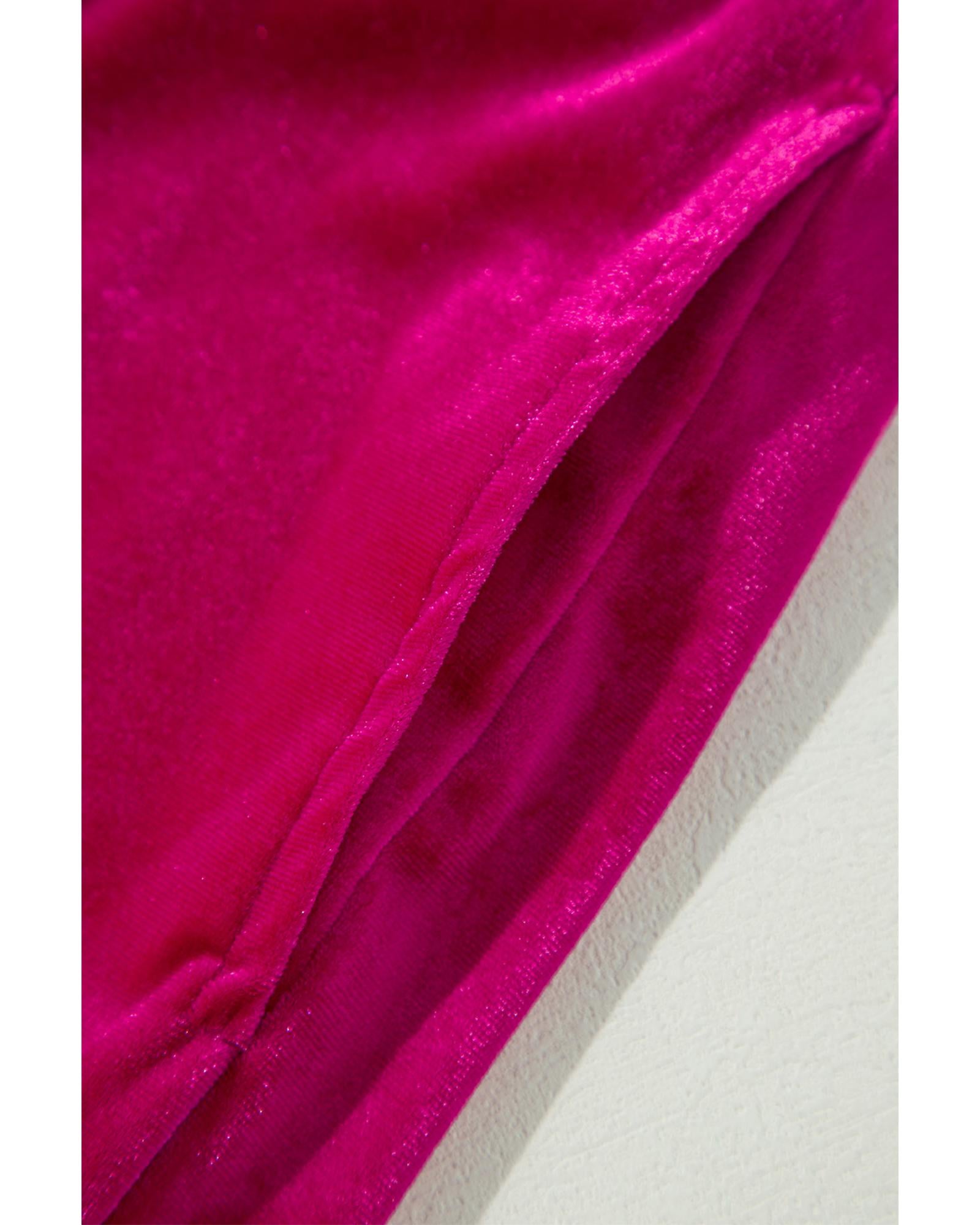 Rose Red Solid Velvet Ruffled Two Piece Pants Set - M 8