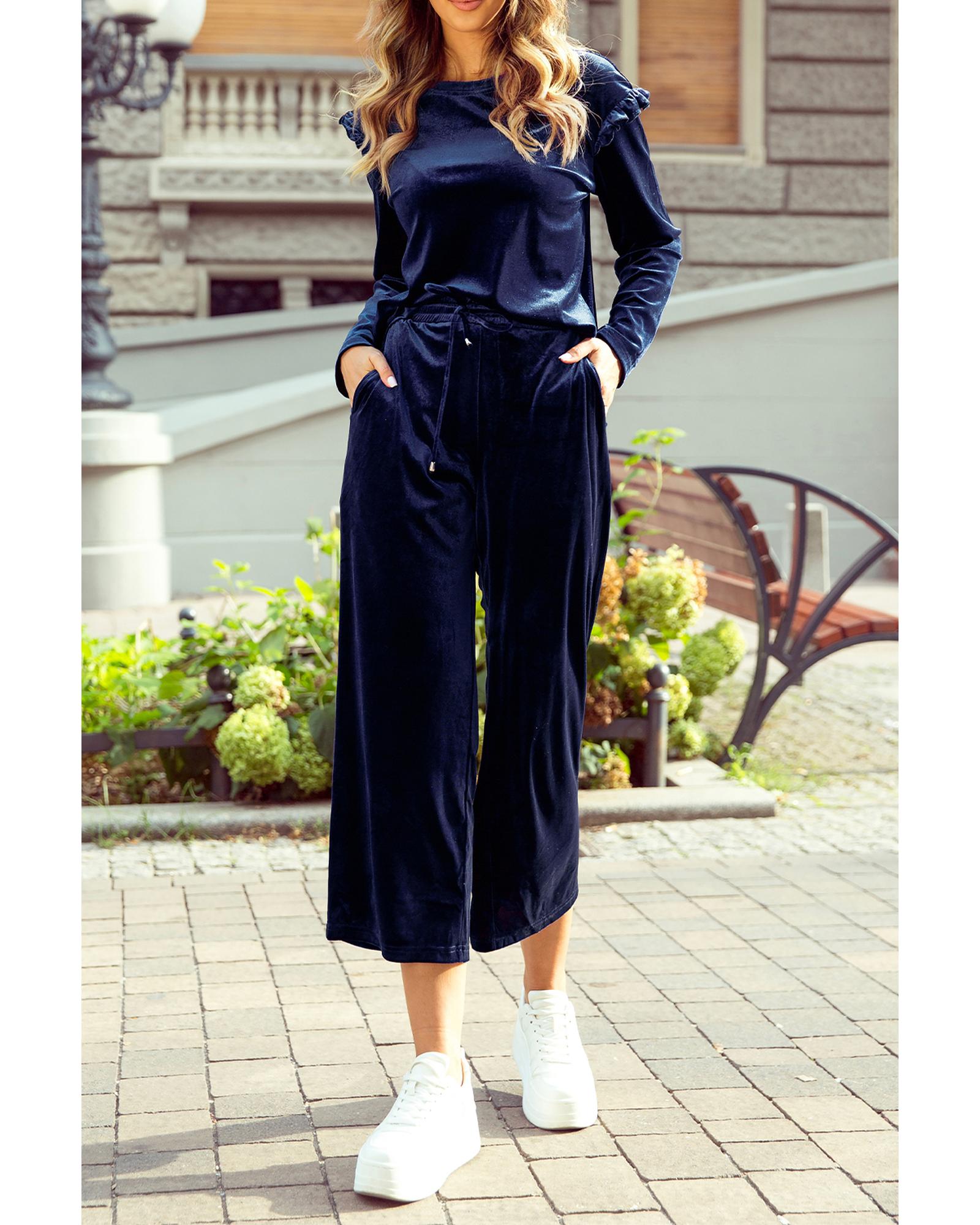 Navy Blue Solid Velvet Ruffled Two Piece Pants Set - 2XL
