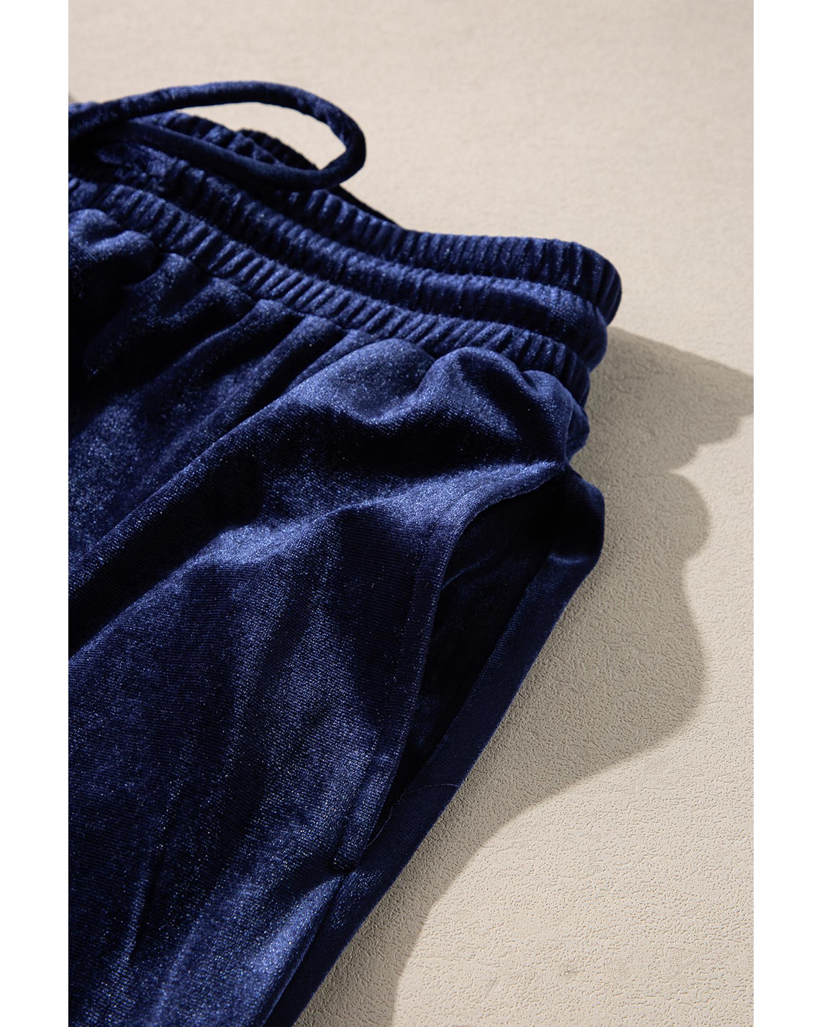 Navy Blue Solid Velvet Ruffled Two Piece Pants Set - M 3