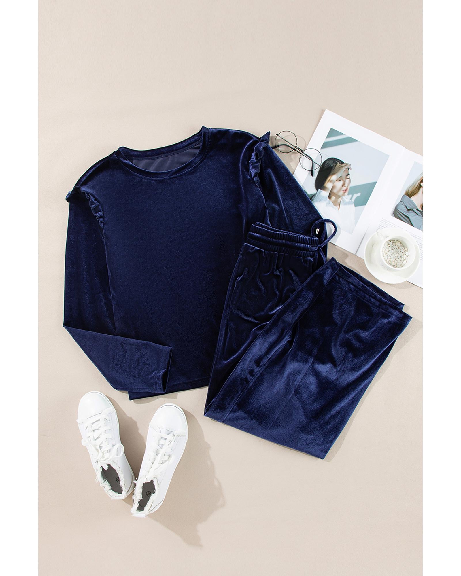 Navy Blue Solid Velvet Ruffled Two Piece Pants Set - M 4