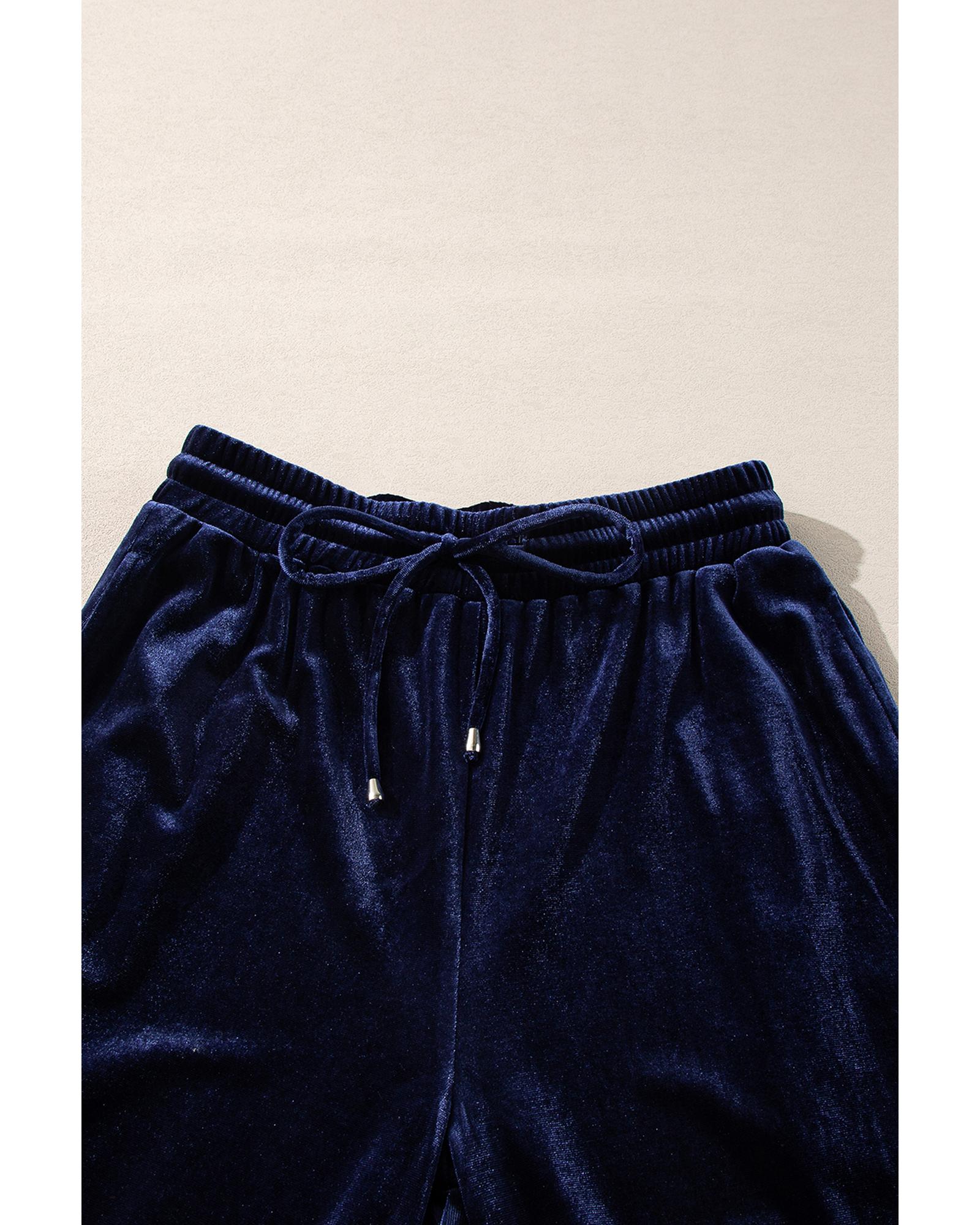 Navy Blue Solid Velvet Ruffled Two Piece Pants Set - M 6