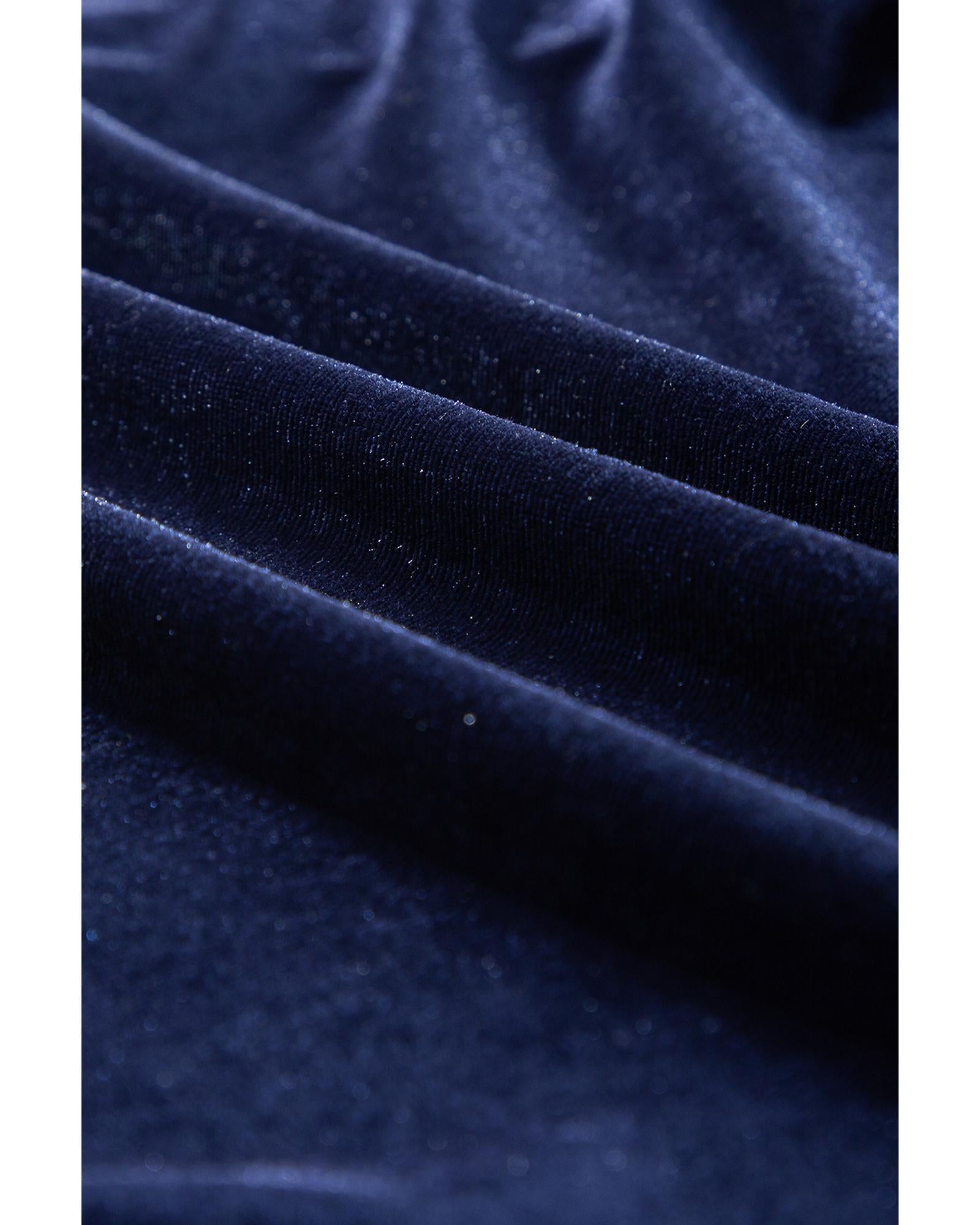 Navy Blue Solid Velvet Ruffled Two Piece Pants Set - M 7