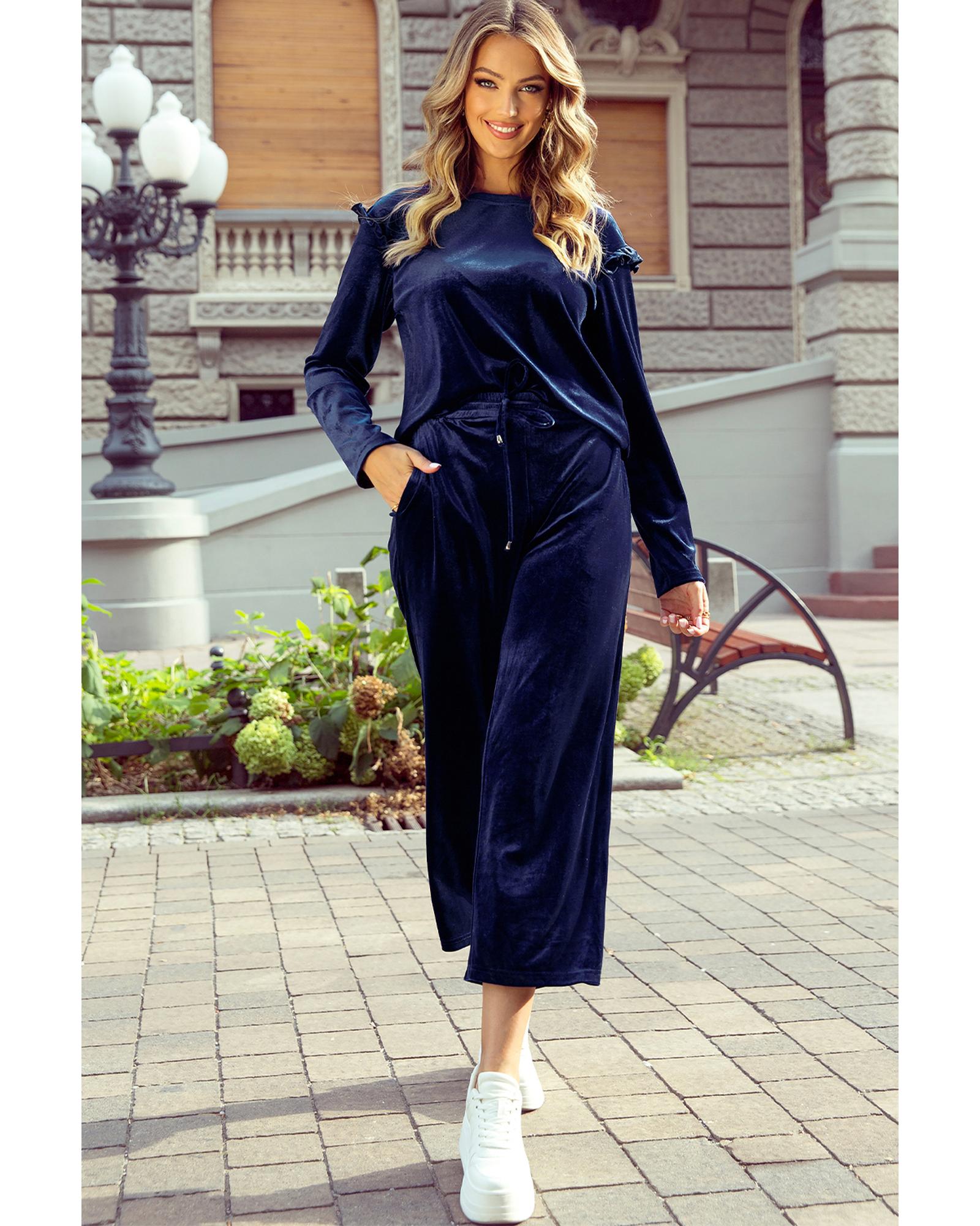 Navy Blue Solid Velvet Ruffled Two Piece Pants Set - M 8