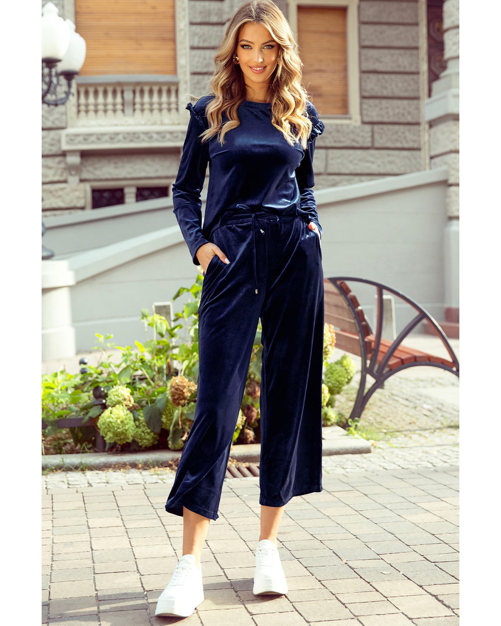 Navy Blue Solid Velvet Ruffled Two Piece Pants Set - XL