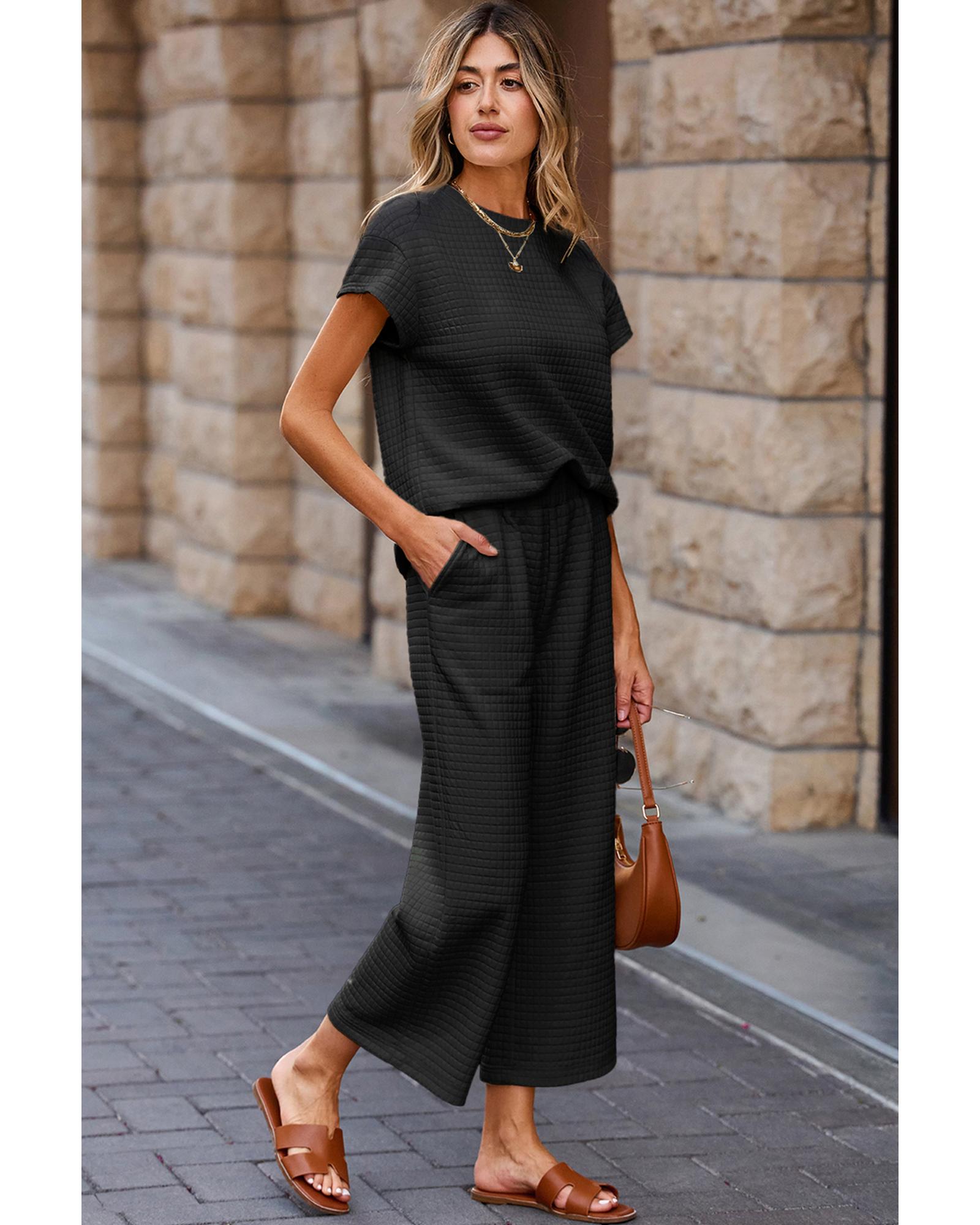 Black Solid Color Textured Short Sleeve Top and Casual Pants Set - S