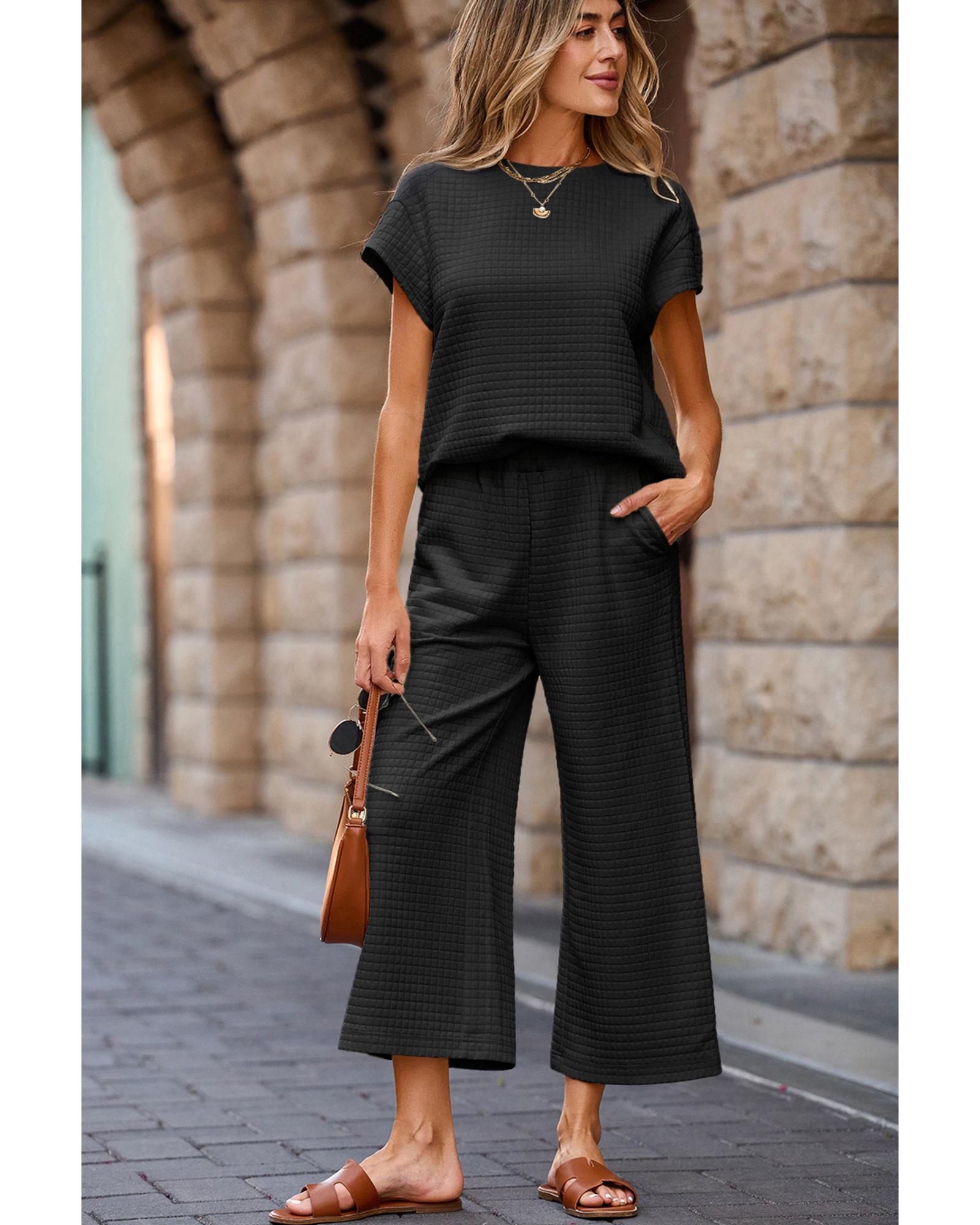 Black Solid Color Textured Short Sleeve Top and Casual Pants Set - S 4