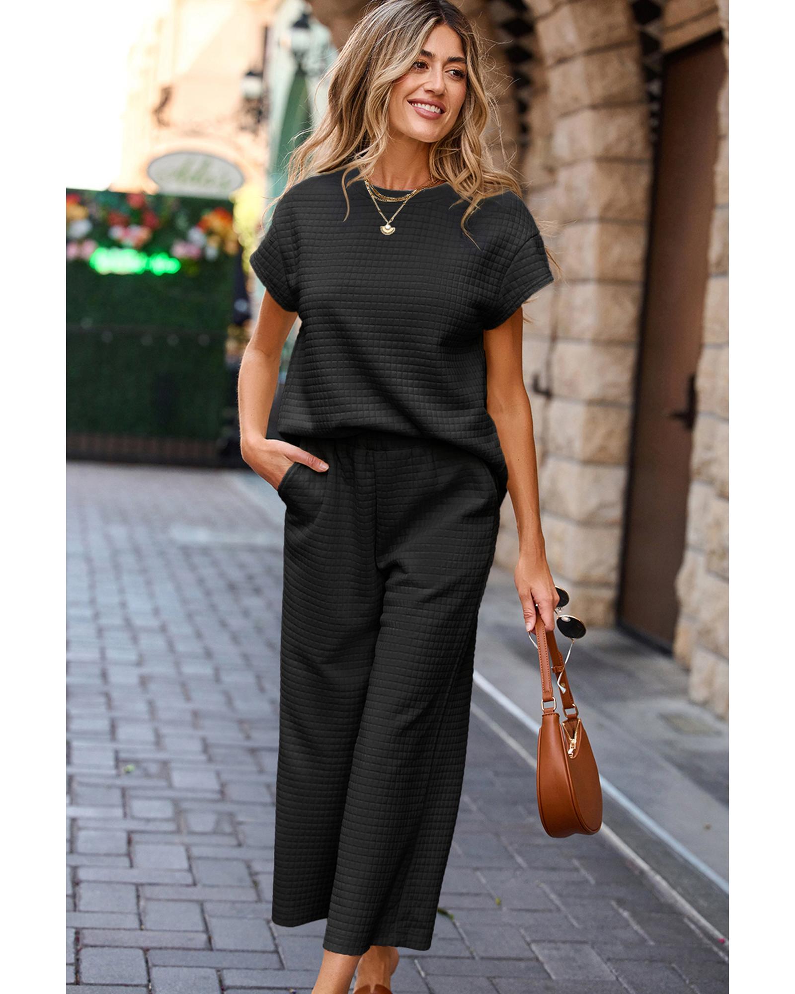 Black Solid Color Textured Short Sleeve Top and Casual Pants Set - S 5