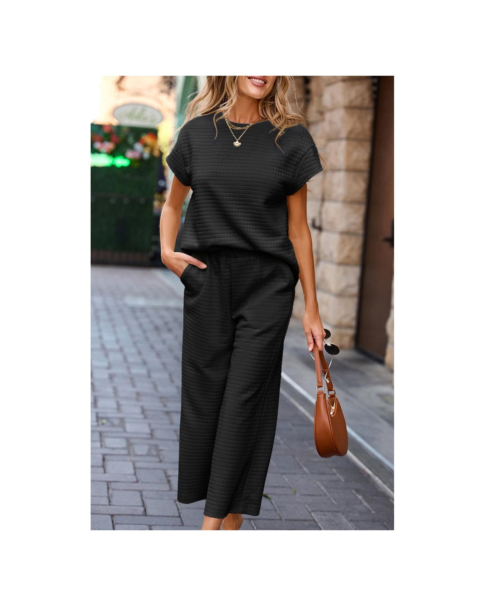 Black Solid Color Textured Short Sleeve Top and Casual Pants Set - S 6