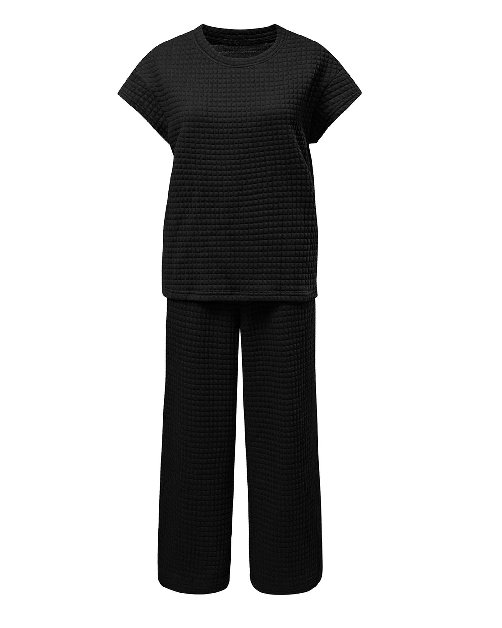 Black Solid Color Textured Short Sleeve Top and Casual Pants Set - S 7