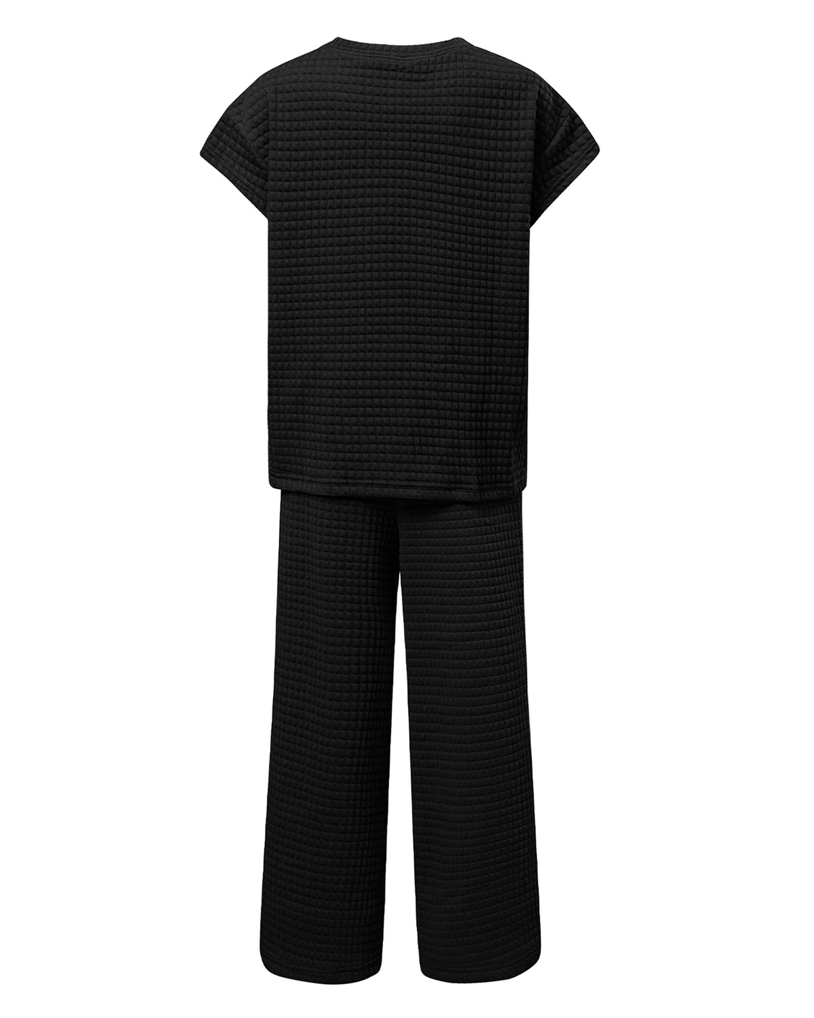 Black Solid Color Textured Short Sleeve Top and Casual Pants Set - S 8