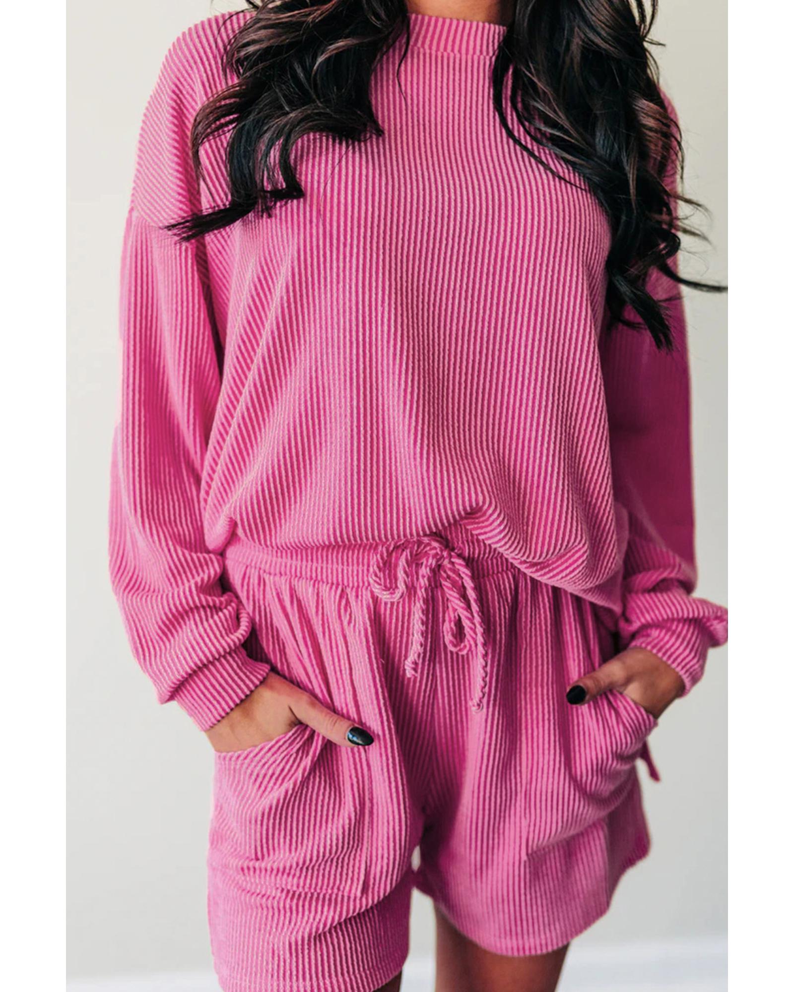 Strawberry Pink Corded Textured Long Sleeve Top and Shorts Set - L 3