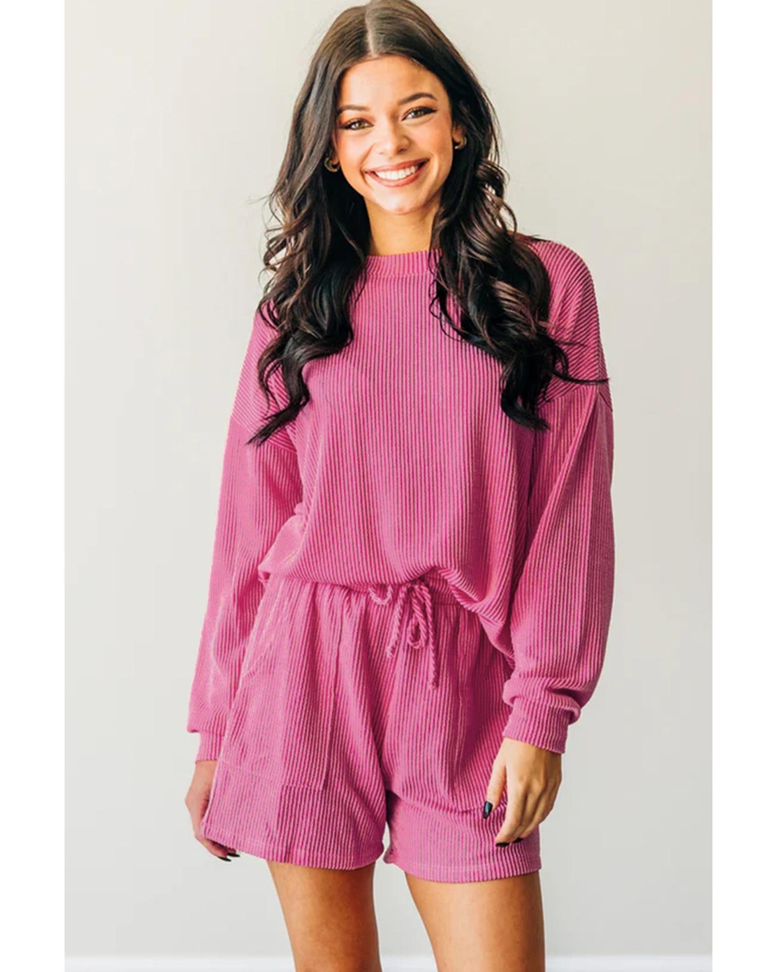 Strawberry Pink Corded Textured Long Sleeve Top and Shorts Set - L 8