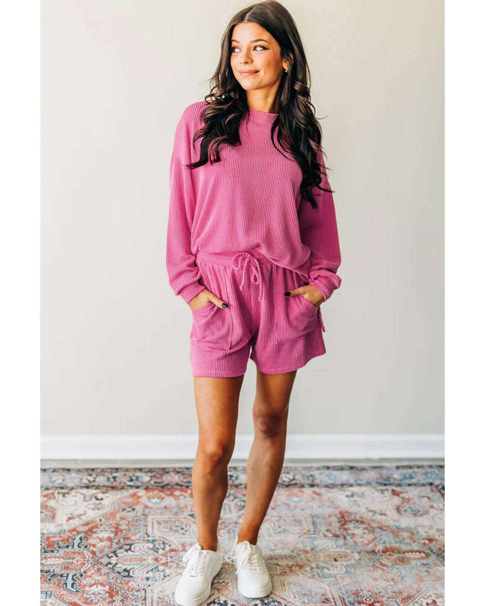 Strawberry Pink Corded Textured Long Sleeve Top and Shorts Set - M 5