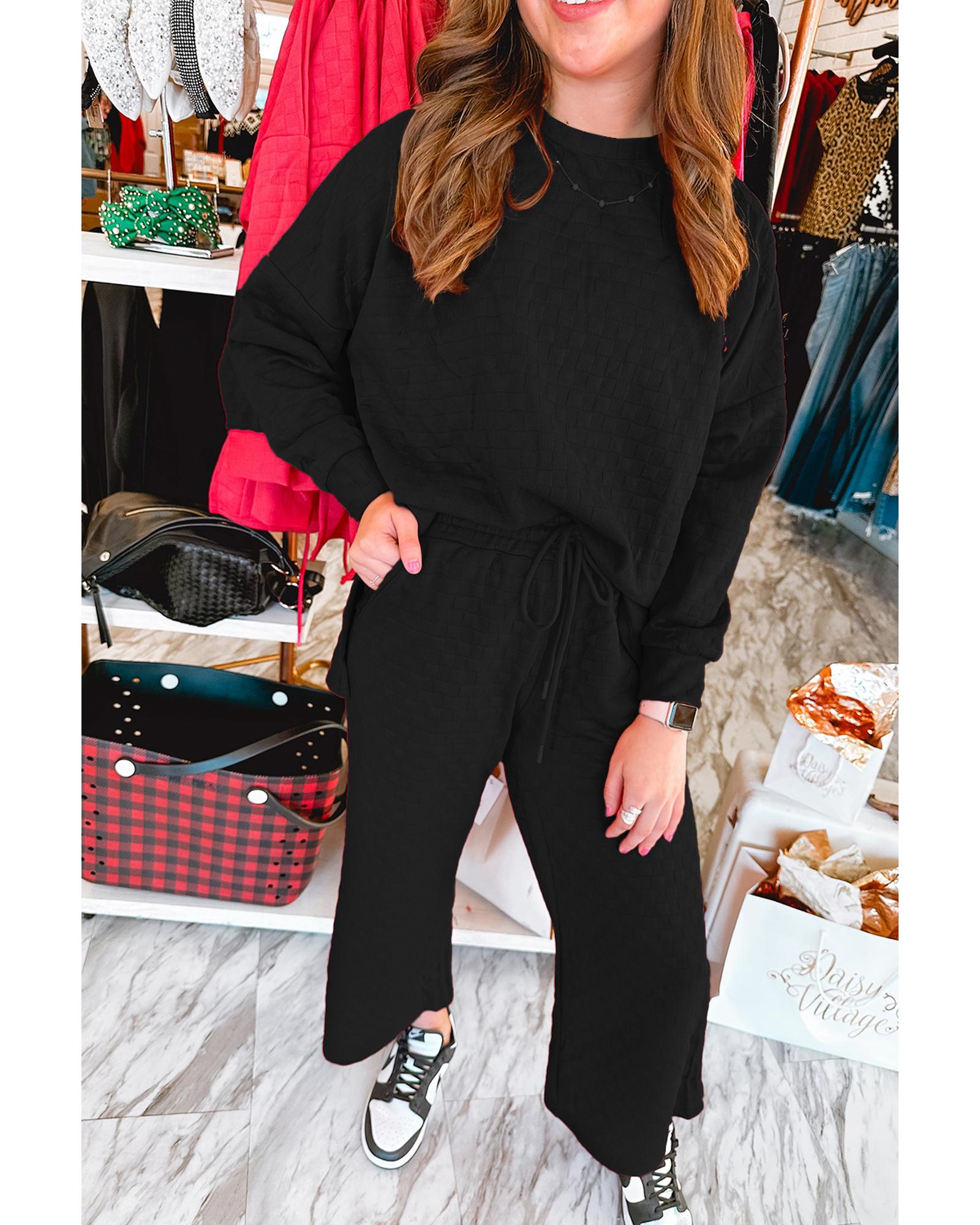 Color black Checkered Textured Split Pullover Top and Pants Set - S 3