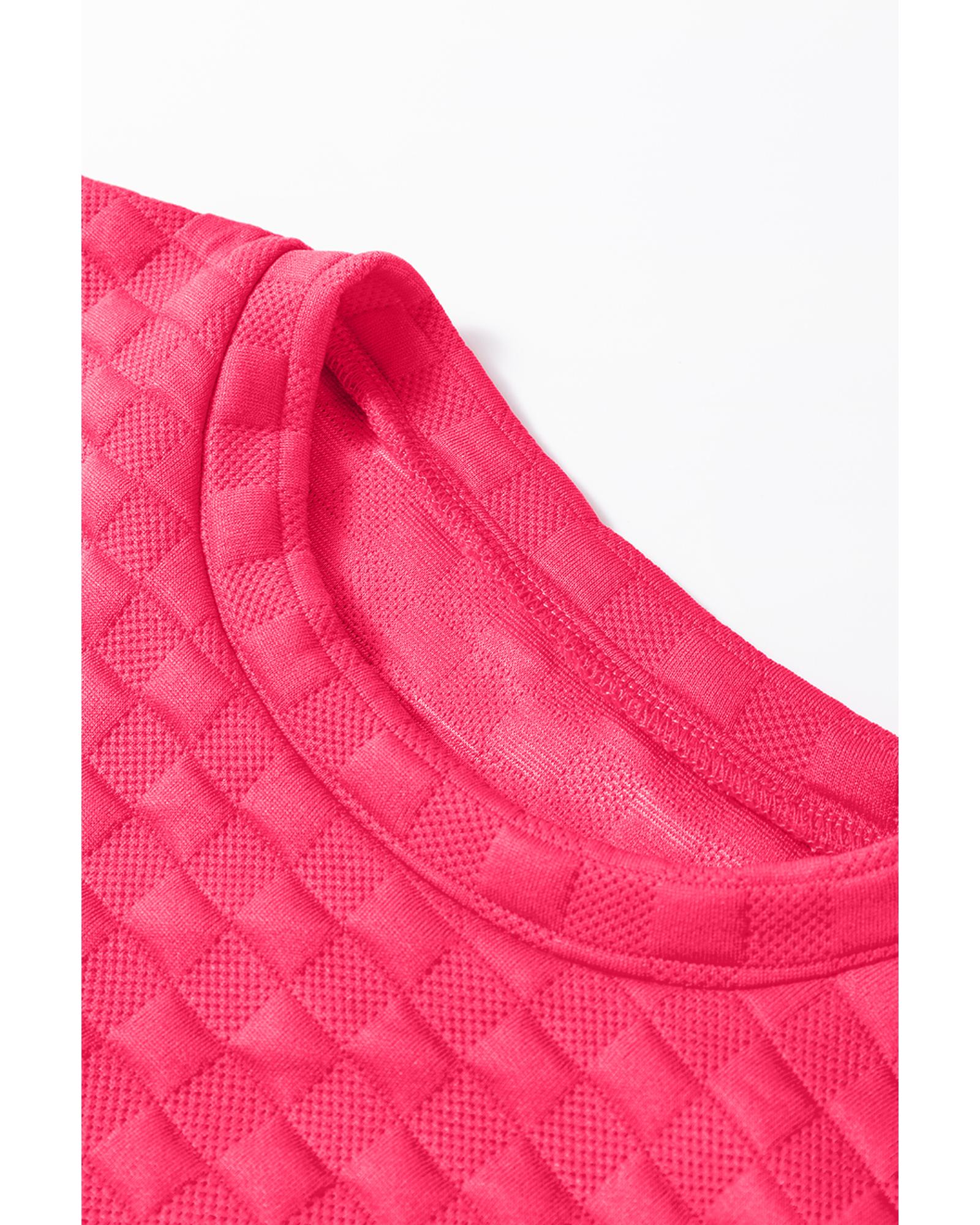 Strawberry Pink Checkered Textured Split Pullover Top and Pants Set - M 7