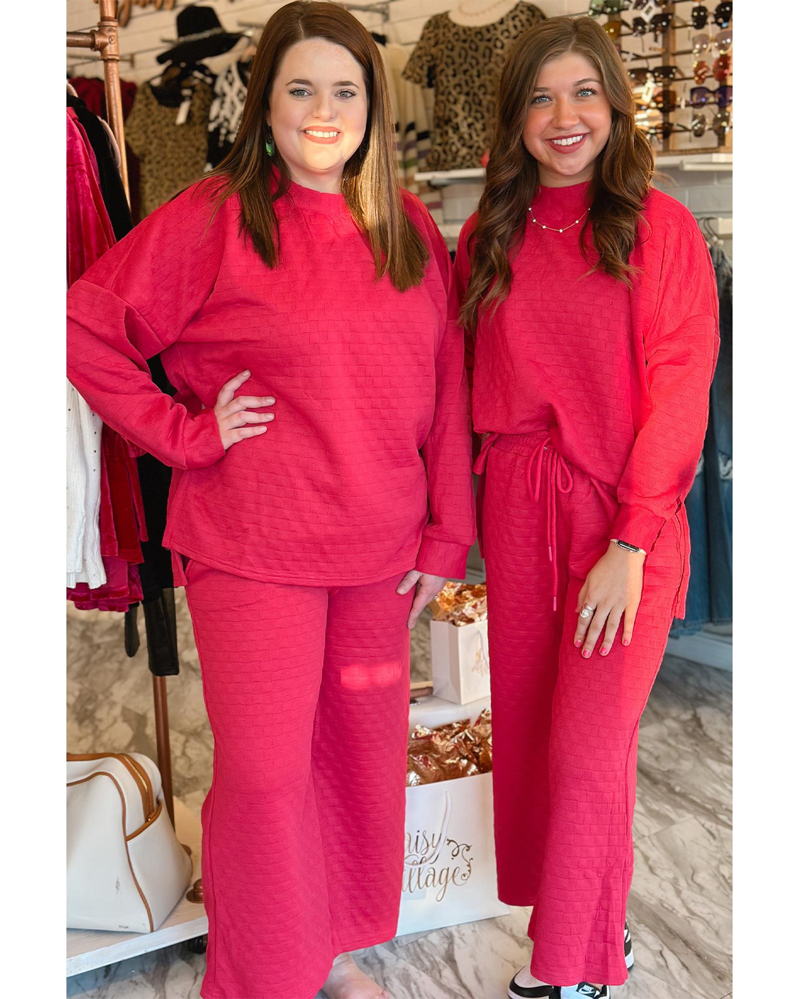 Strawberry Pink Checkered Textured Split Pullover Top and Pants Set - XL 6
