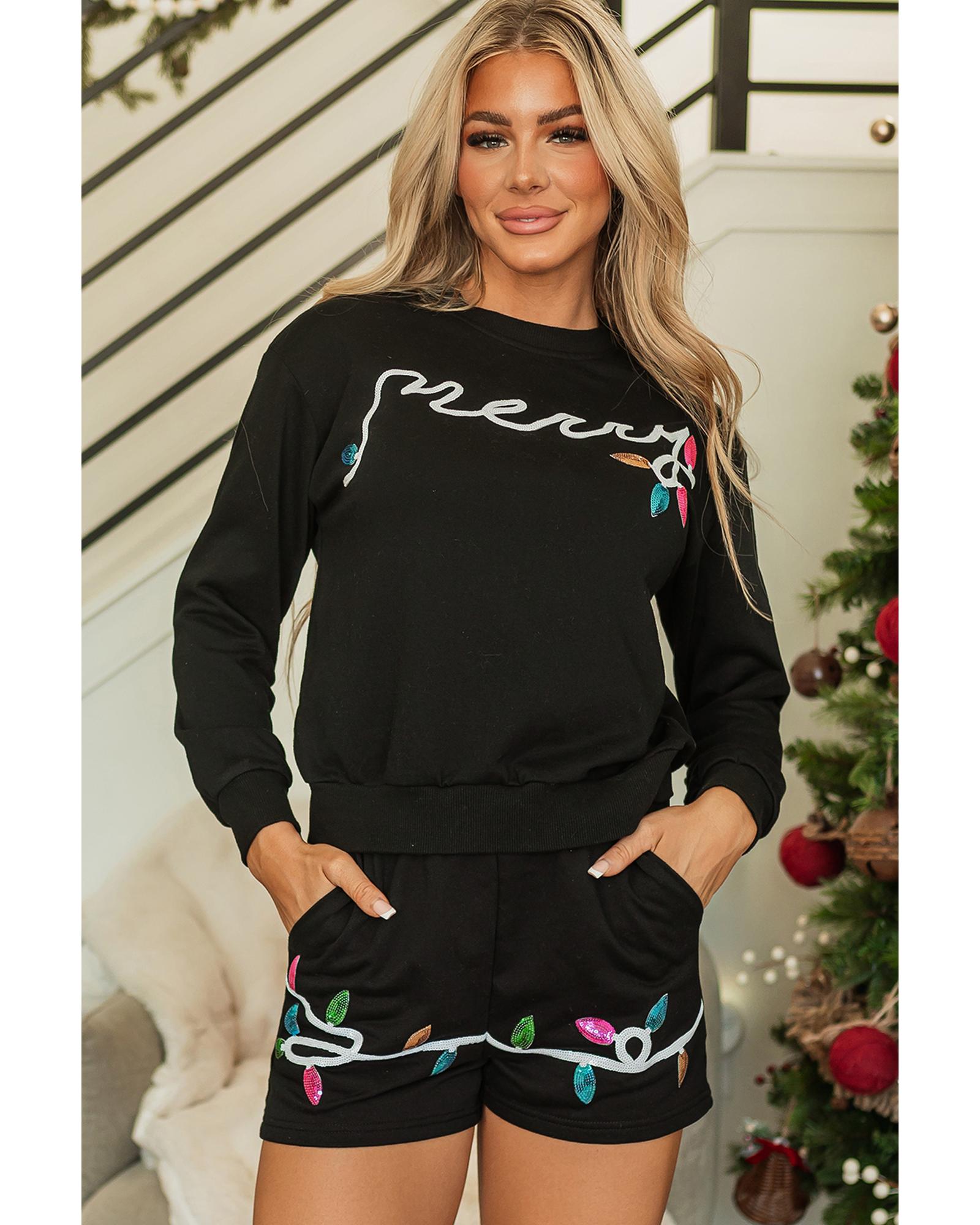 Black Sequin Merry Graphic Pullover and Shorts Outfit - L 3