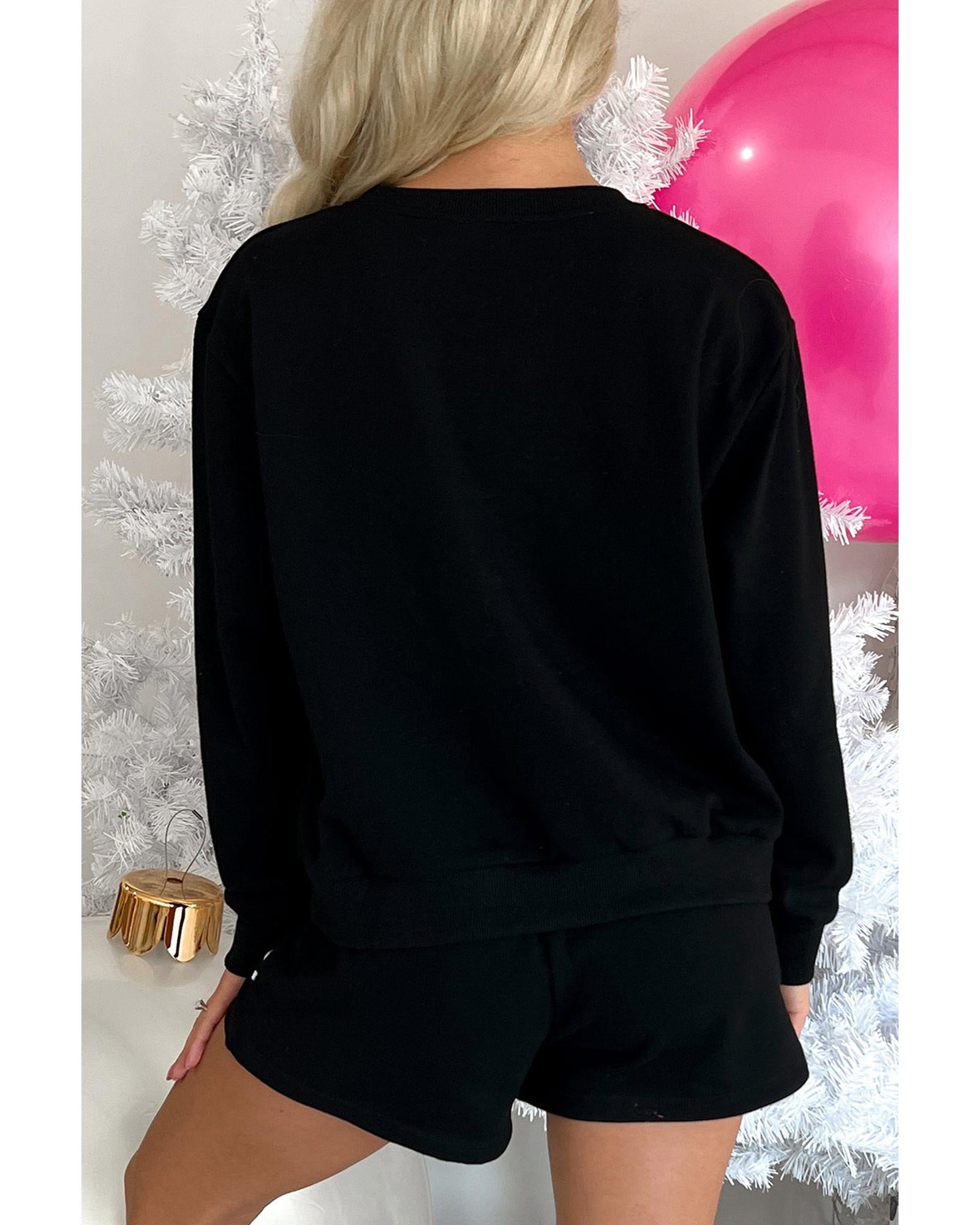 Black Sequin Merry Graphic Pullover and Shorts Outfit - M 5