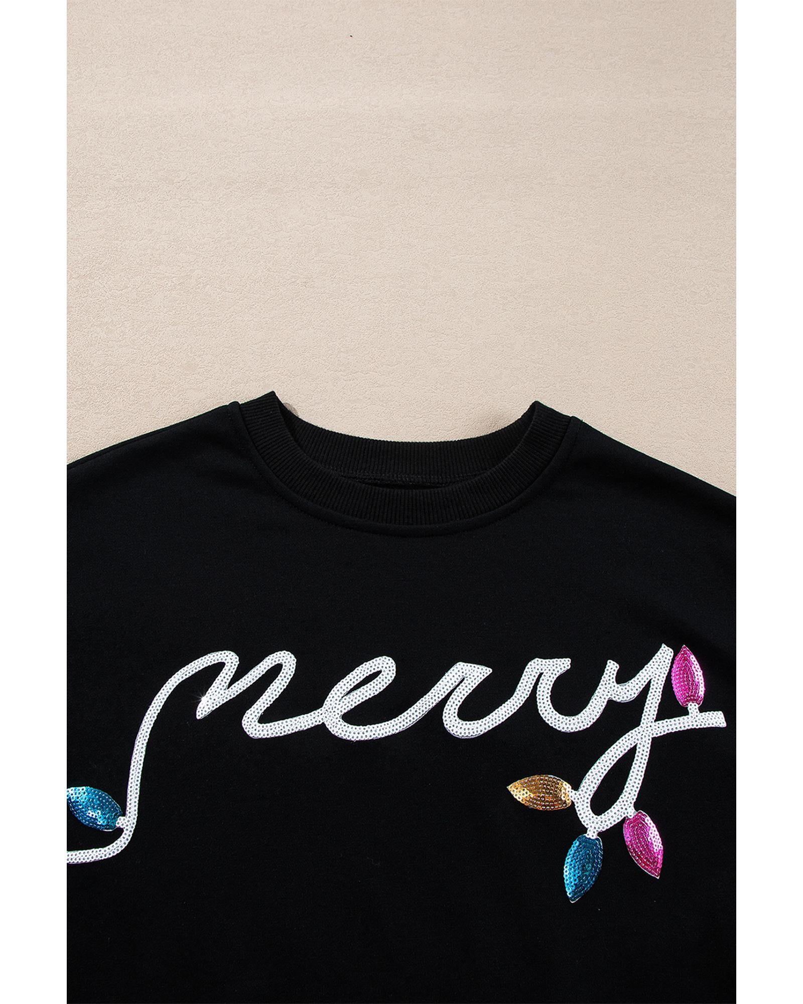 Black Sequin Merry Graphic Pullover and Shorts Outfit - S 8