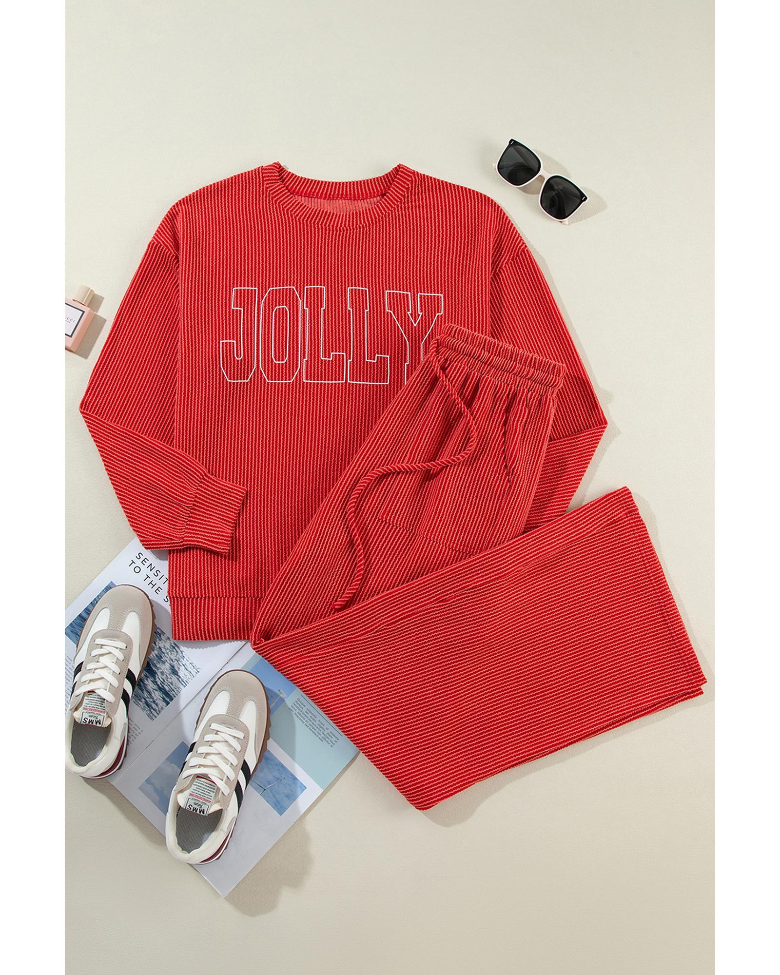 Fiery Red JOLLY Corded Long Sleeve Top and Pockets Pants Set - M 5