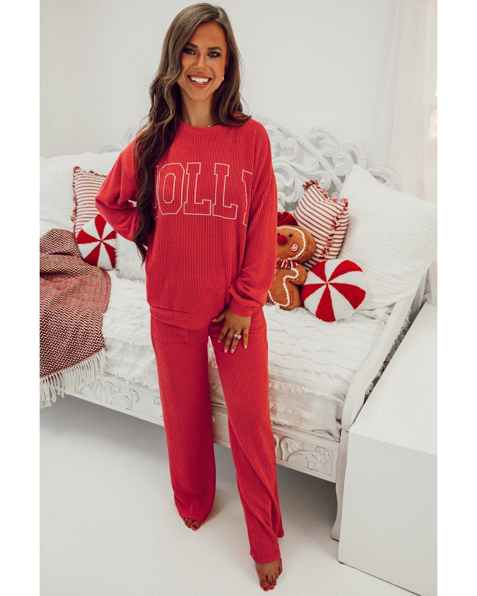 Fiery Red JOLLY Corded Long Sleeve Top and Pockets Pants Set - XL 8