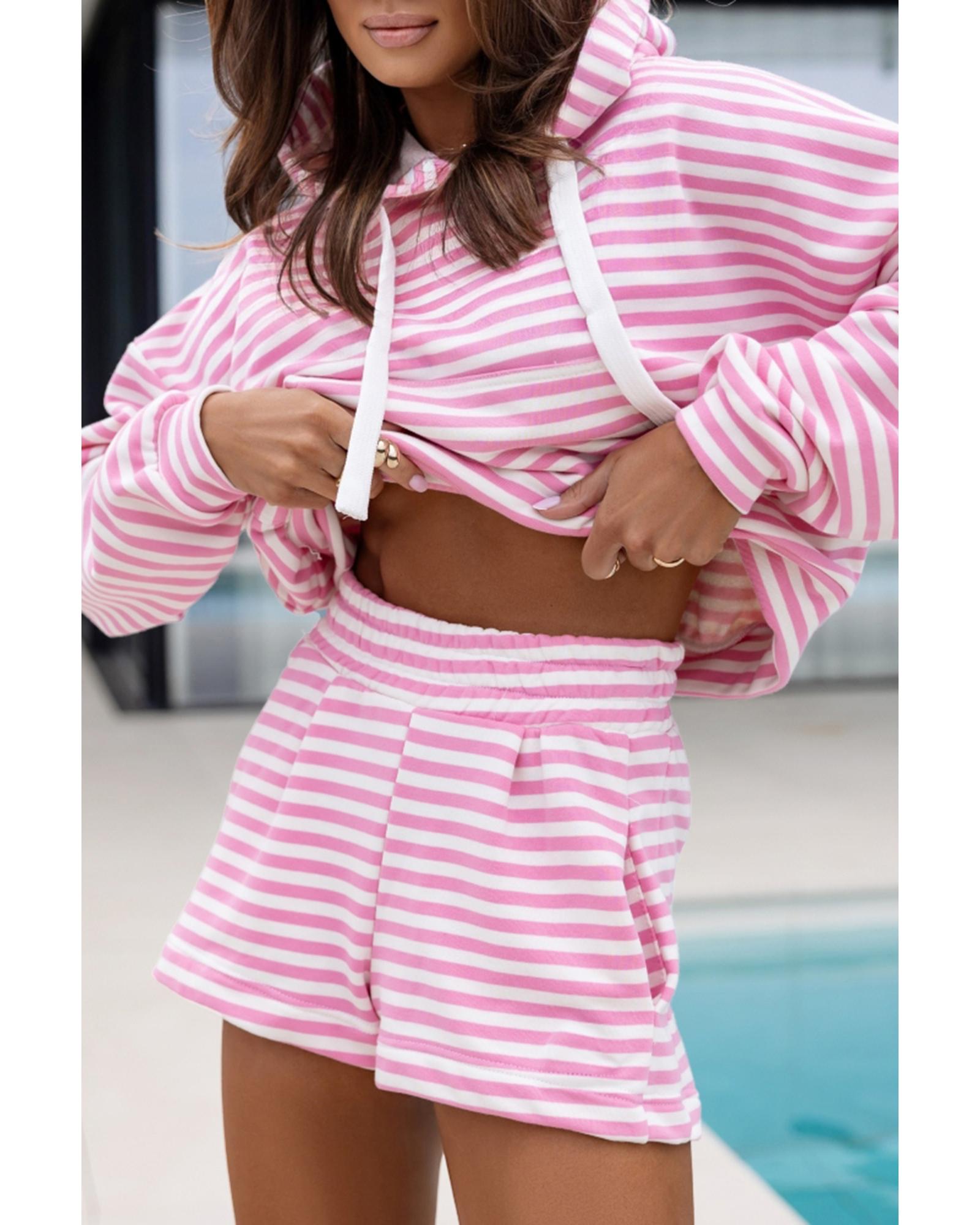 Pink Stripe Kangaroo Pocket Hoodie and Wide Leg Shorts Set - L 3