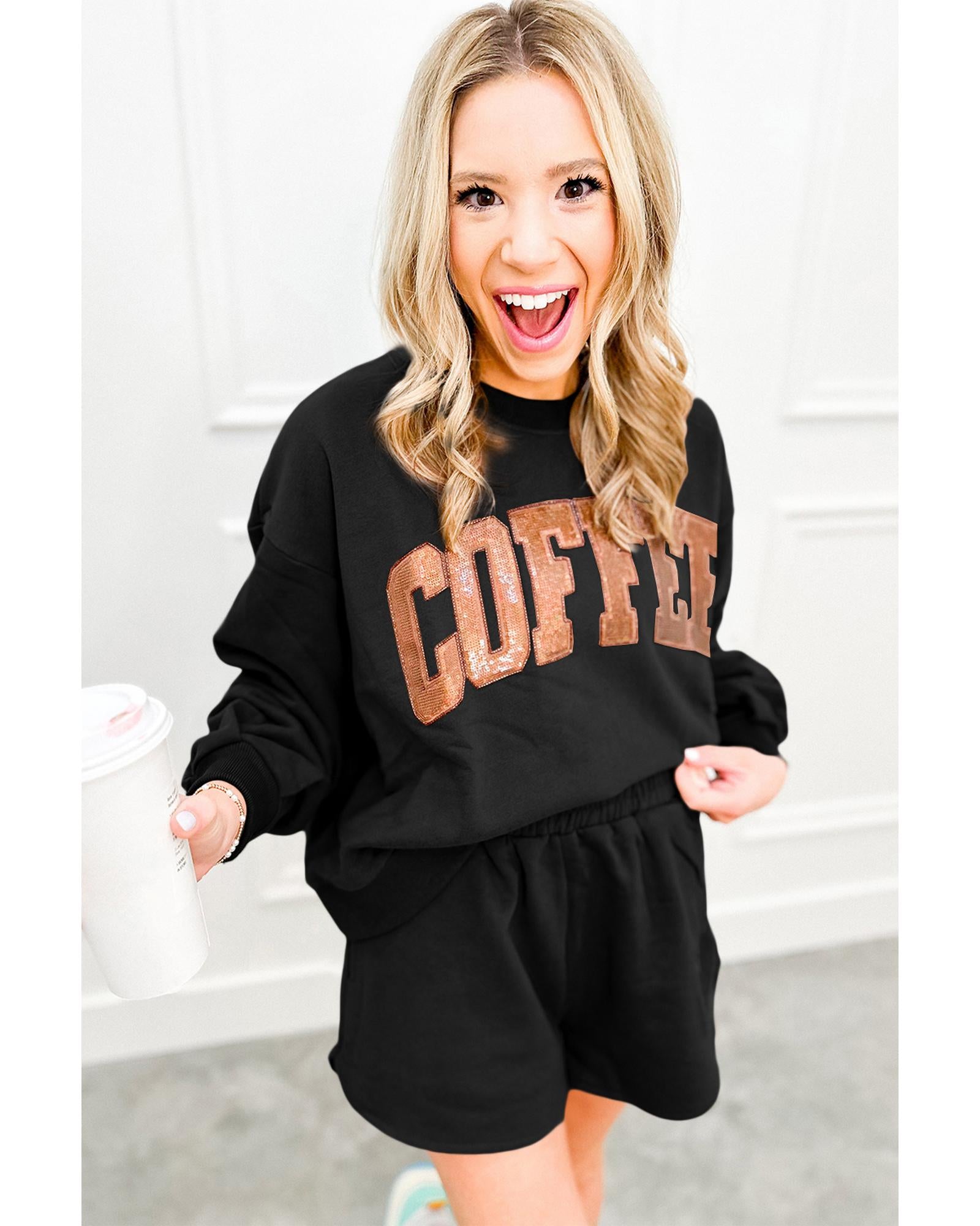 Black Sequined COFFEE Loose Fit Sweatshirt and Shorts Set - M