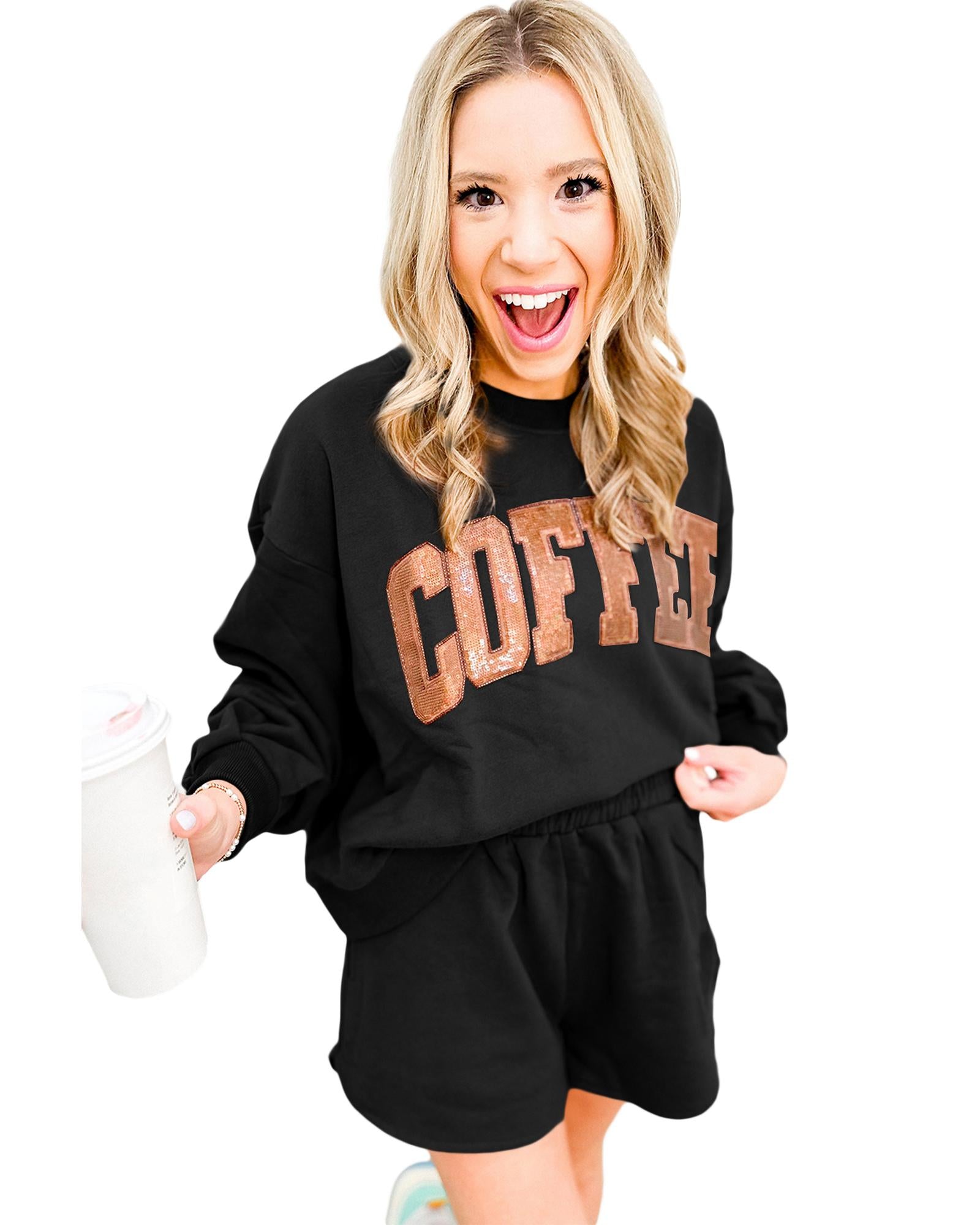 Black Sequined COFFEE Loose Fit Sweatshirt and Shorts Set - XL 3