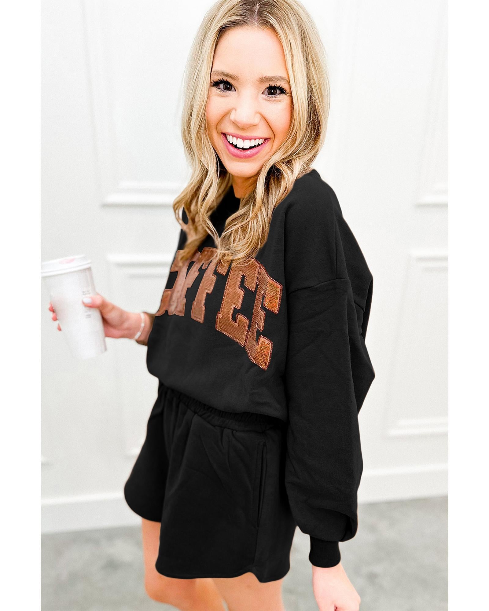 Black Sequined COFFEE Loose Fit Sweatshirt and Shorts Set - XL 7
