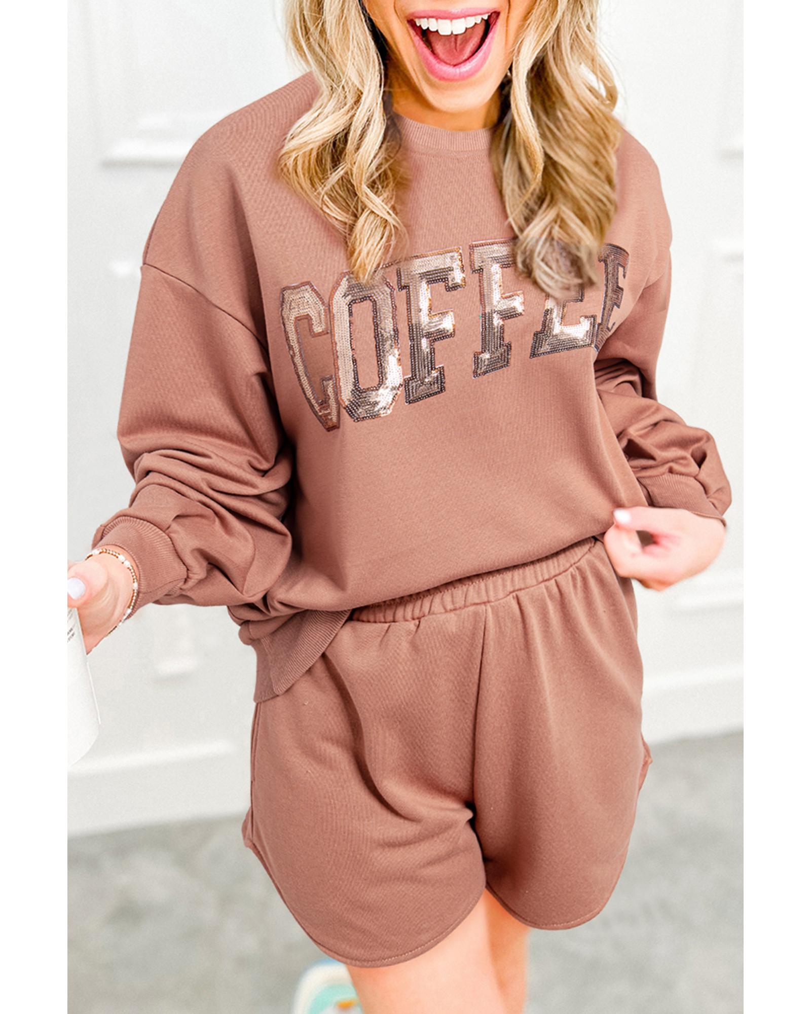 Straw Yellow Sequined COFFEE Loose Fit Sweatshirt and Shorts Set - M 3