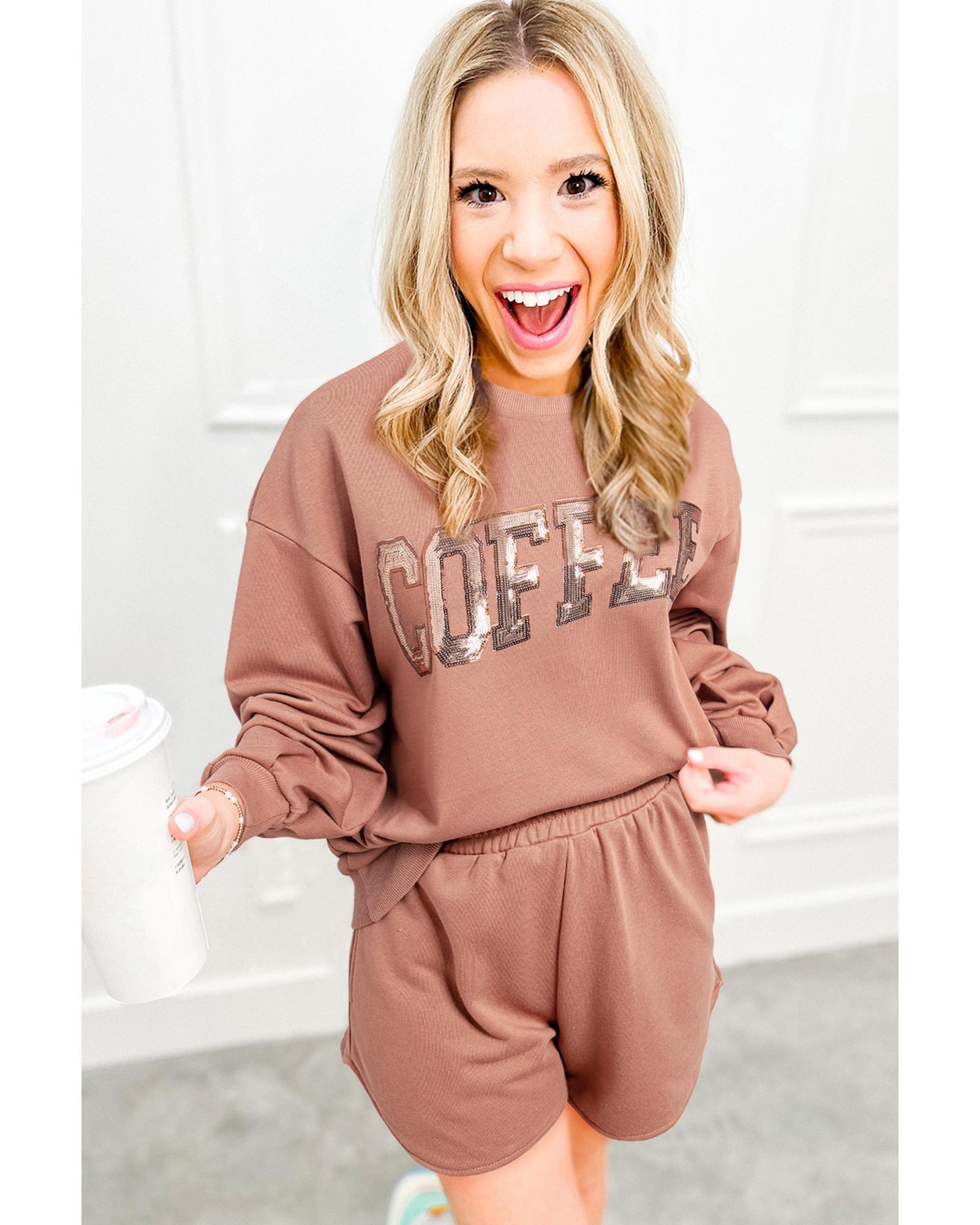 Straw Yellow Sequined COFFEE Loose Fit Sweatshirt and Shorts Set - XL 4